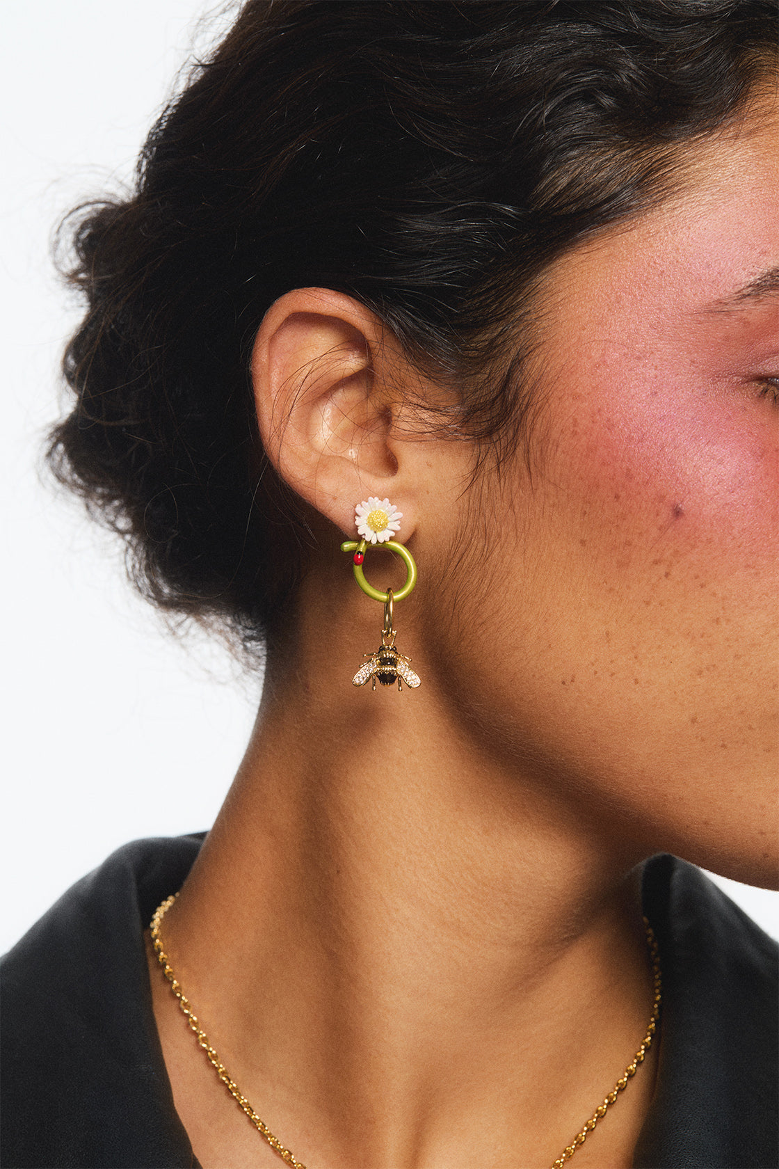 White flower and ladybird post hoop earrings