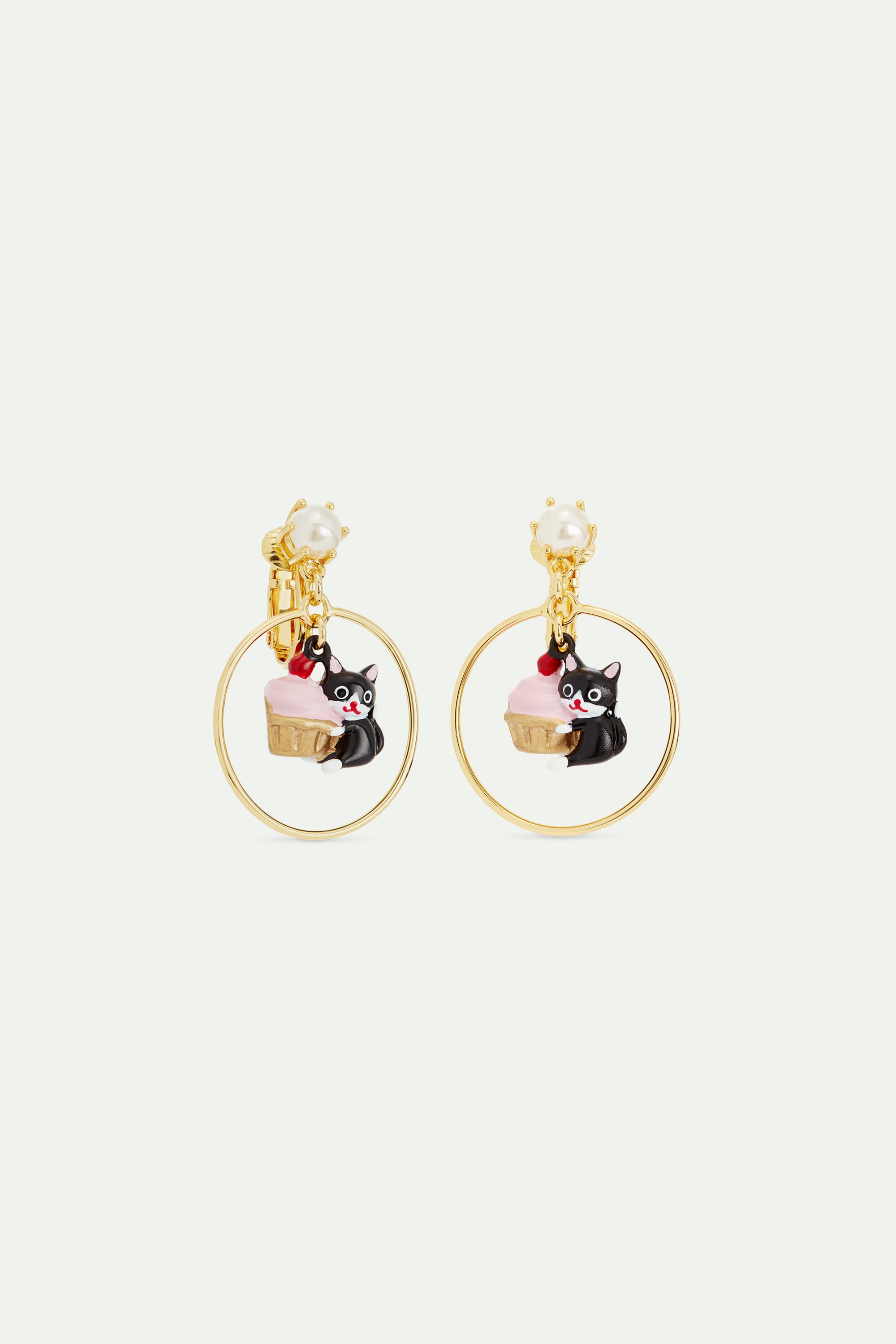 Black cat and pastry dangle hoop earrings