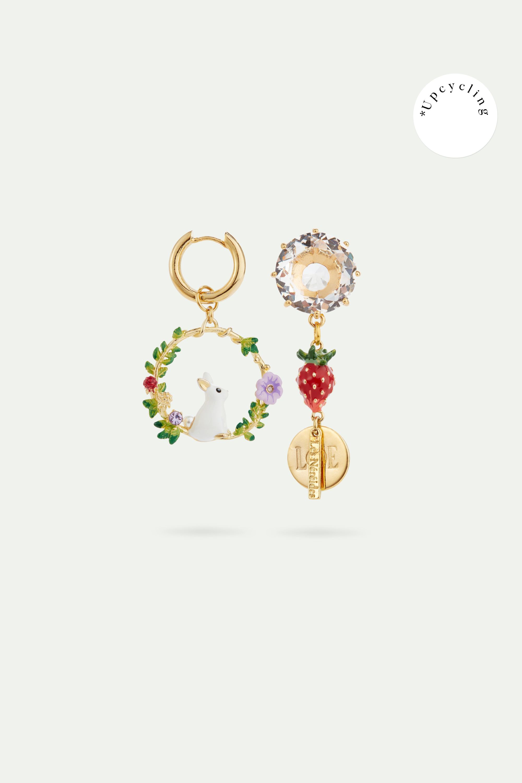 Asymmetrical rabbit, strawberry and faceted stone hoop earrings