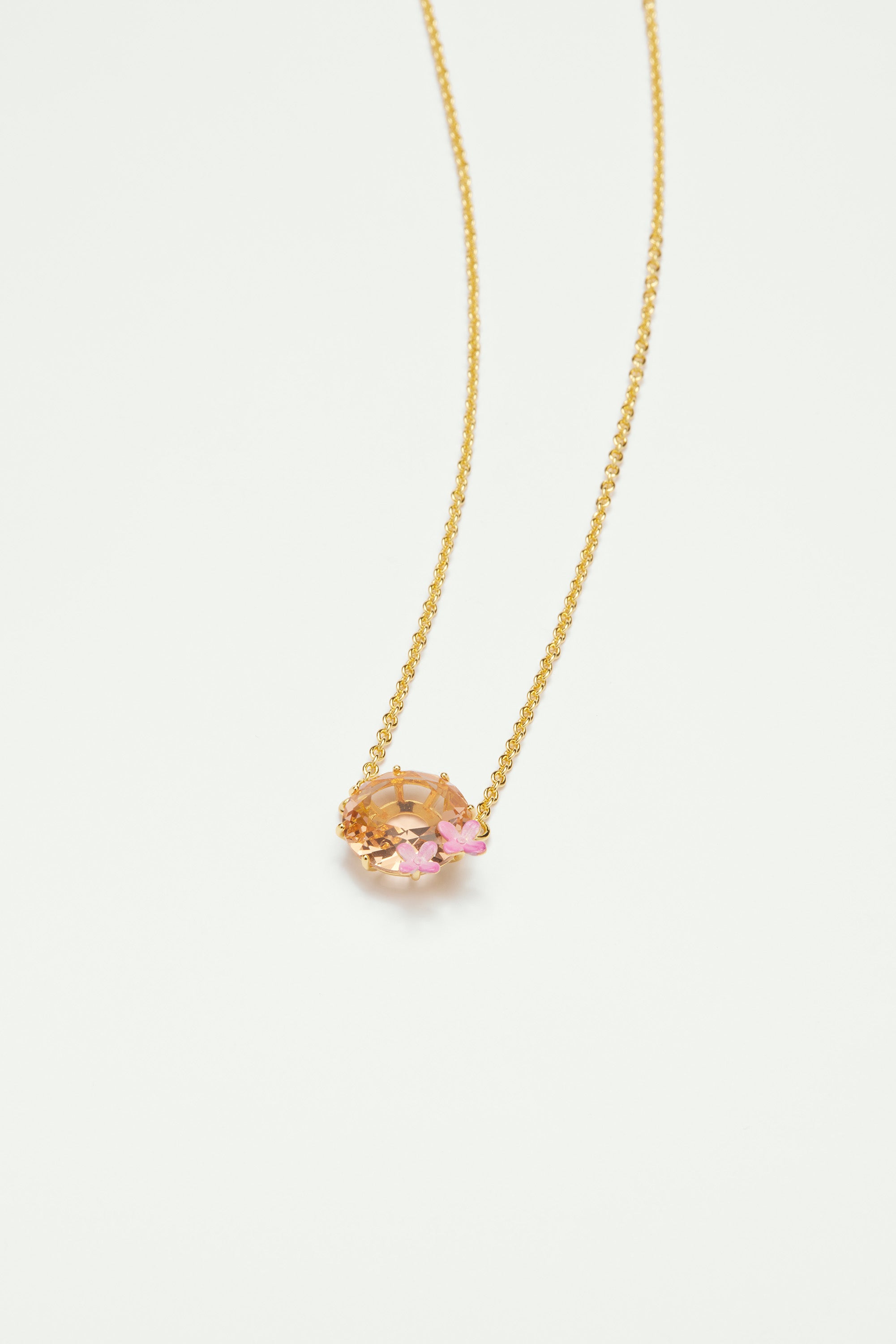 Apricot pink diamantine flower and round stone fine necklace