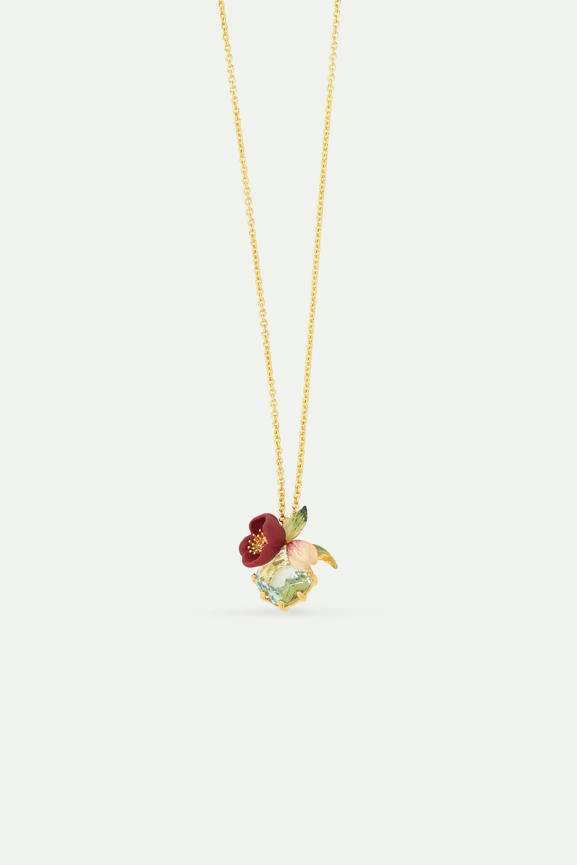 Red hellebore flower and faceted stone pendant necklace