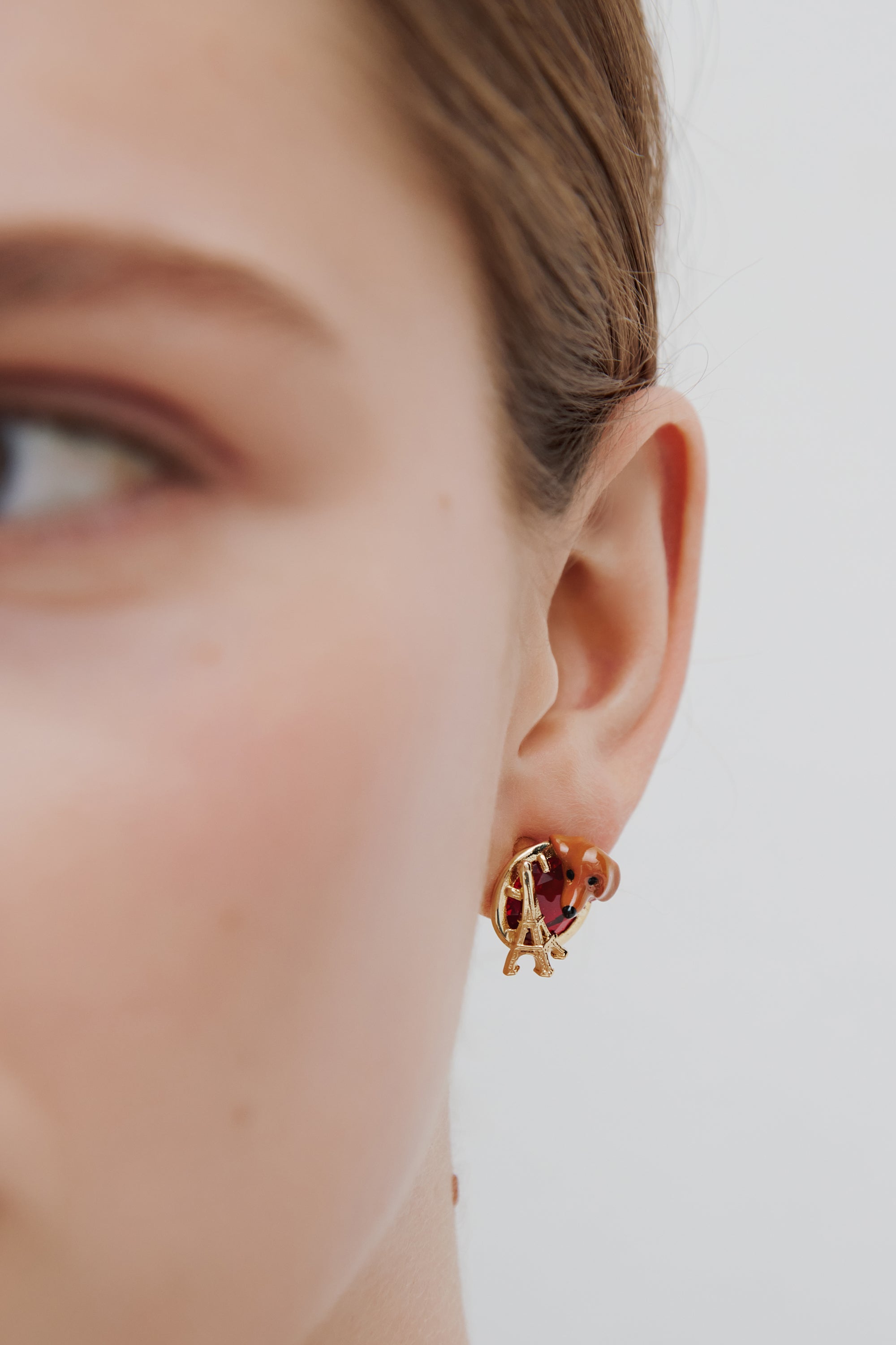 Dachshund post earrings with Eiffel tower and garnet red stone