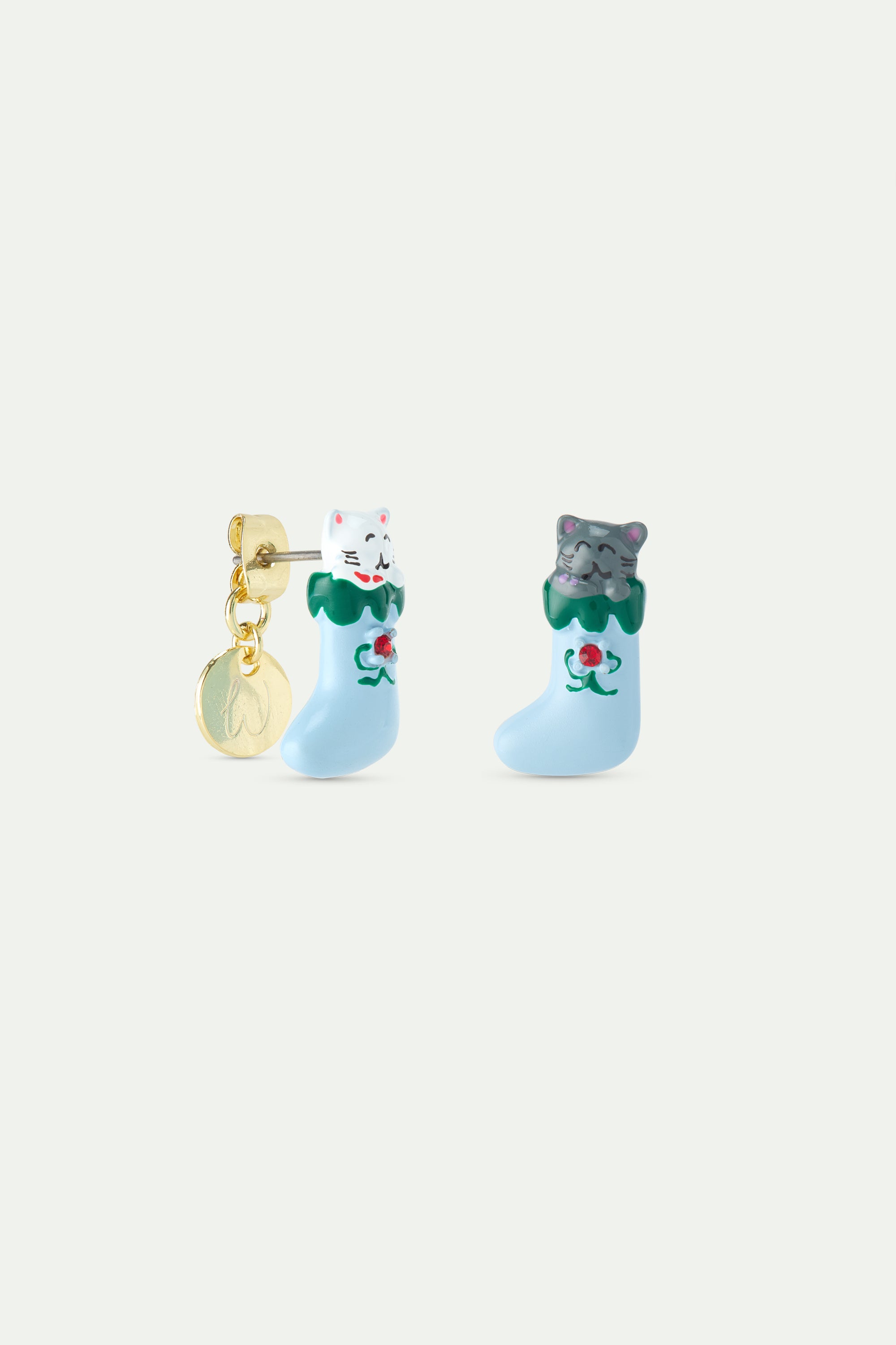 Christmas stocking earrings with white and grey cats and red faceted crystal