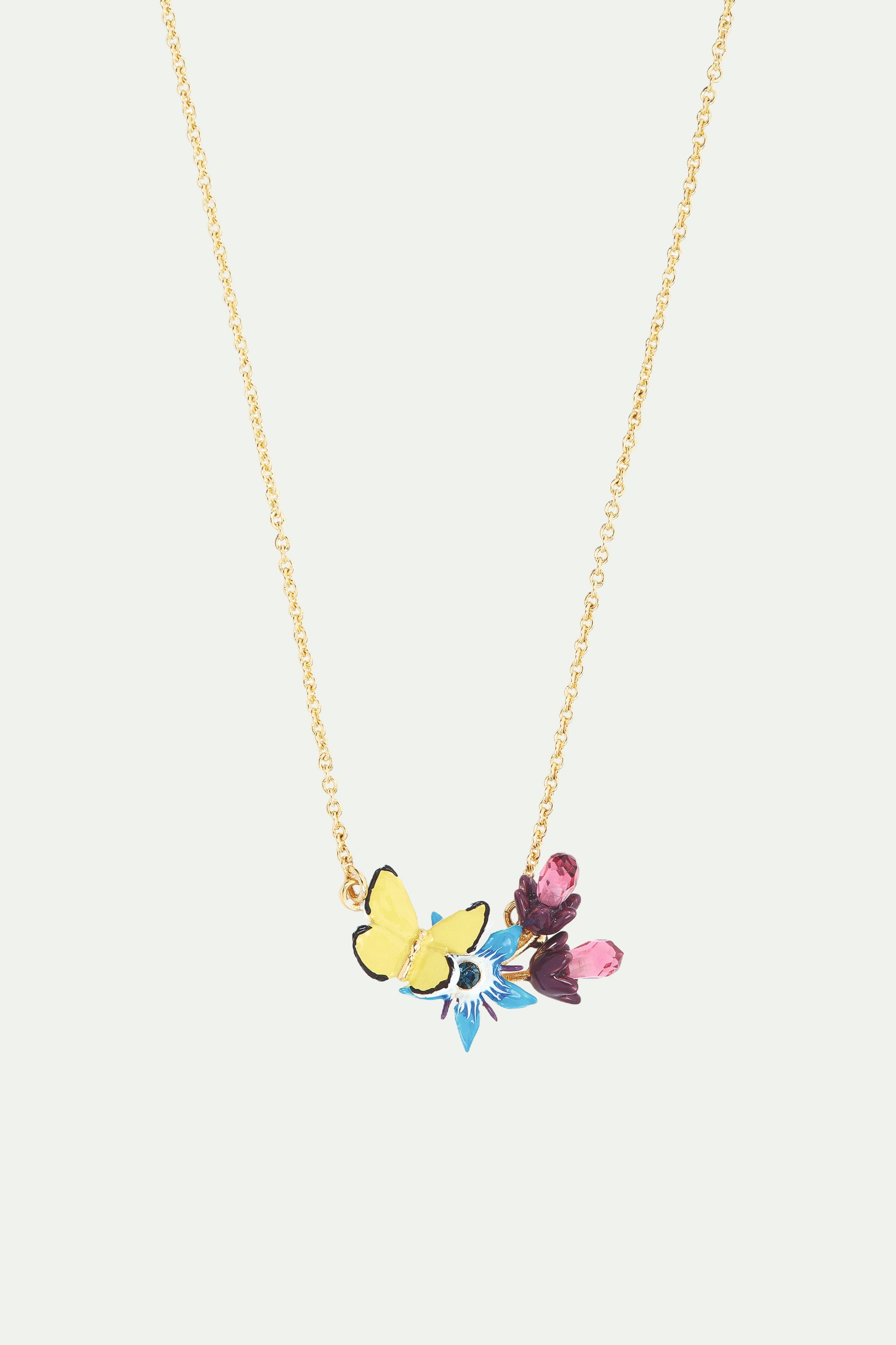 Blue flower and yellow butterfly pendant necklace