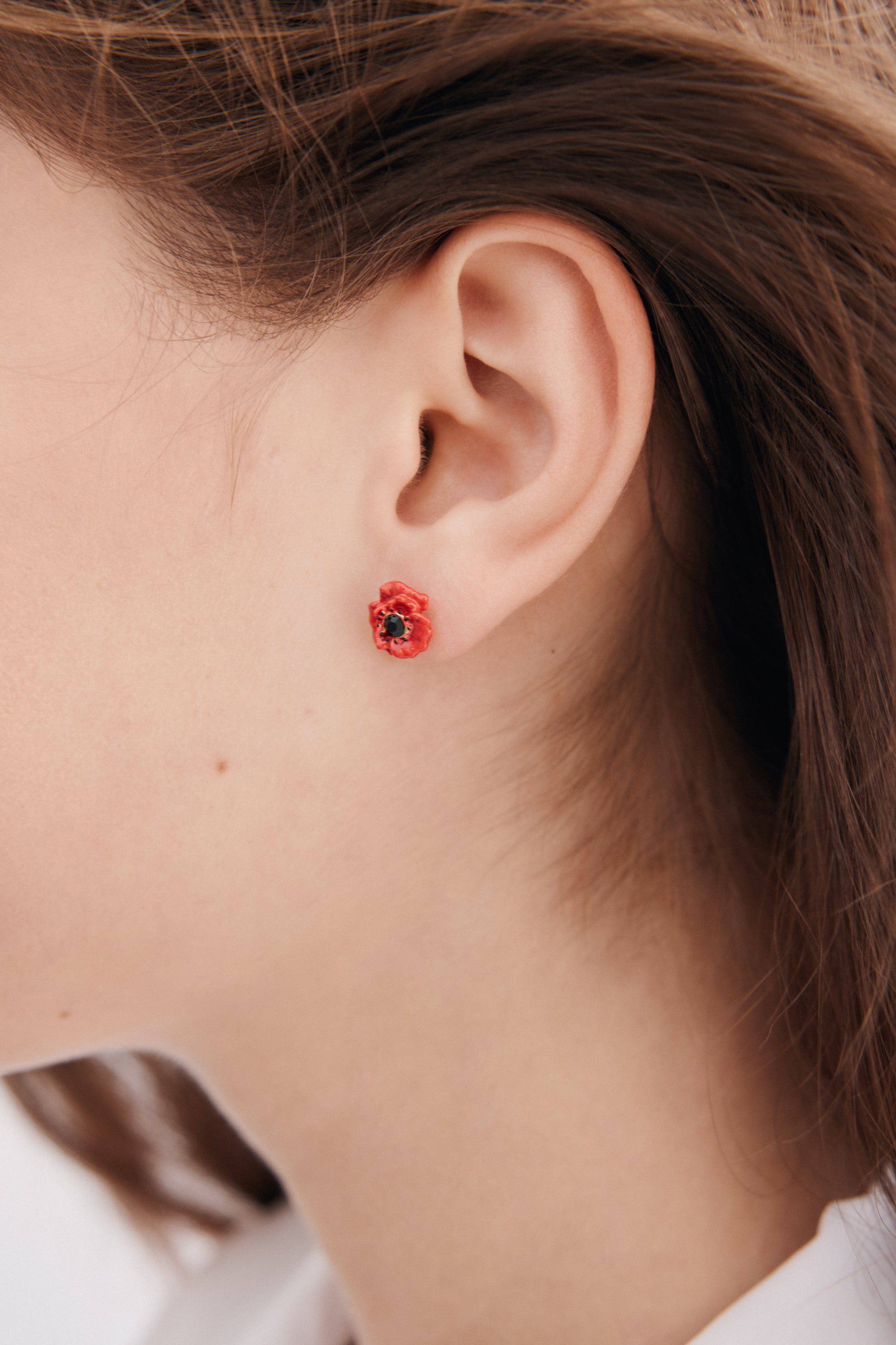Earrings with red poppy and black crystal