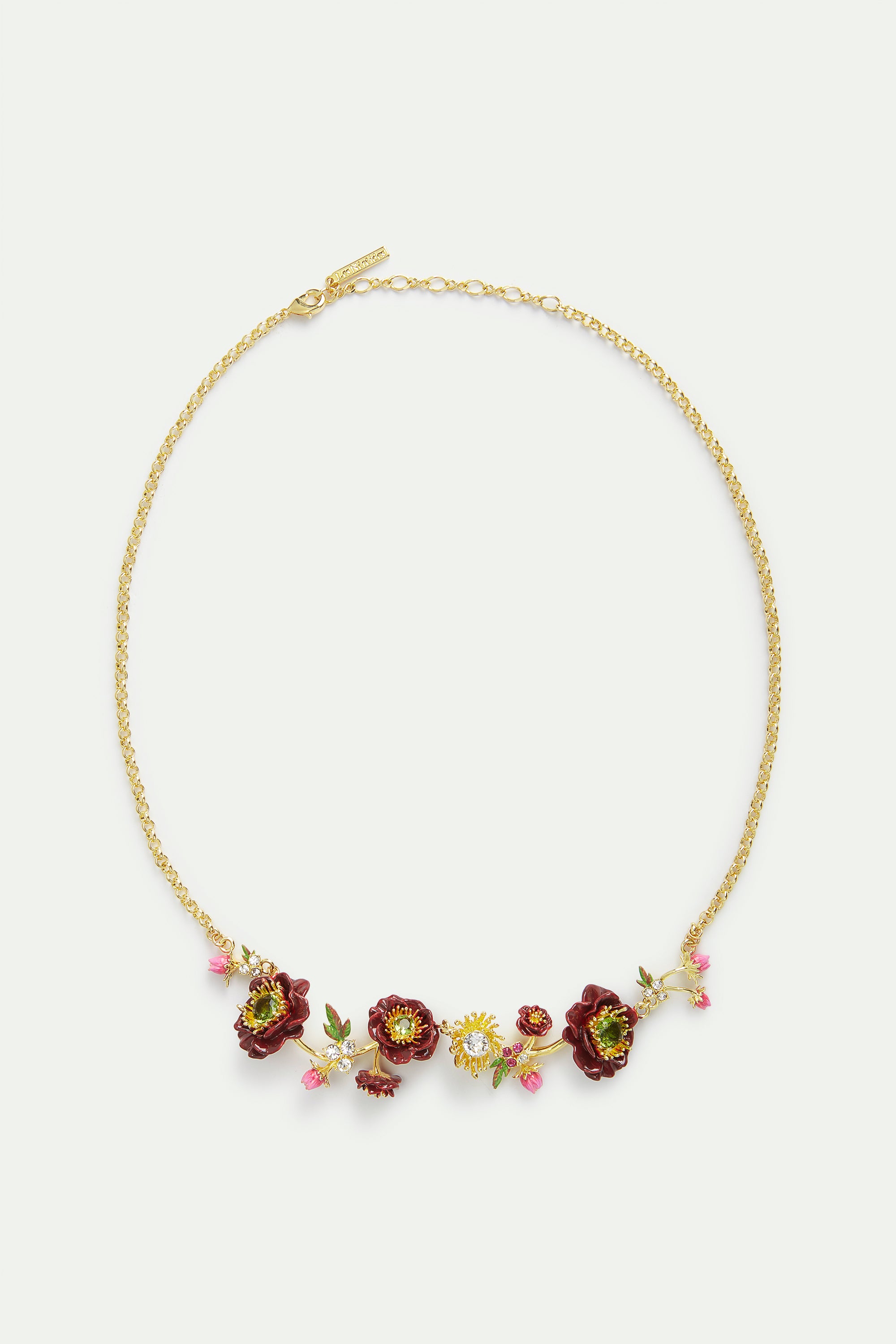 Statement necklace with burgundy anemone flowers, rose buds and green faceted stones