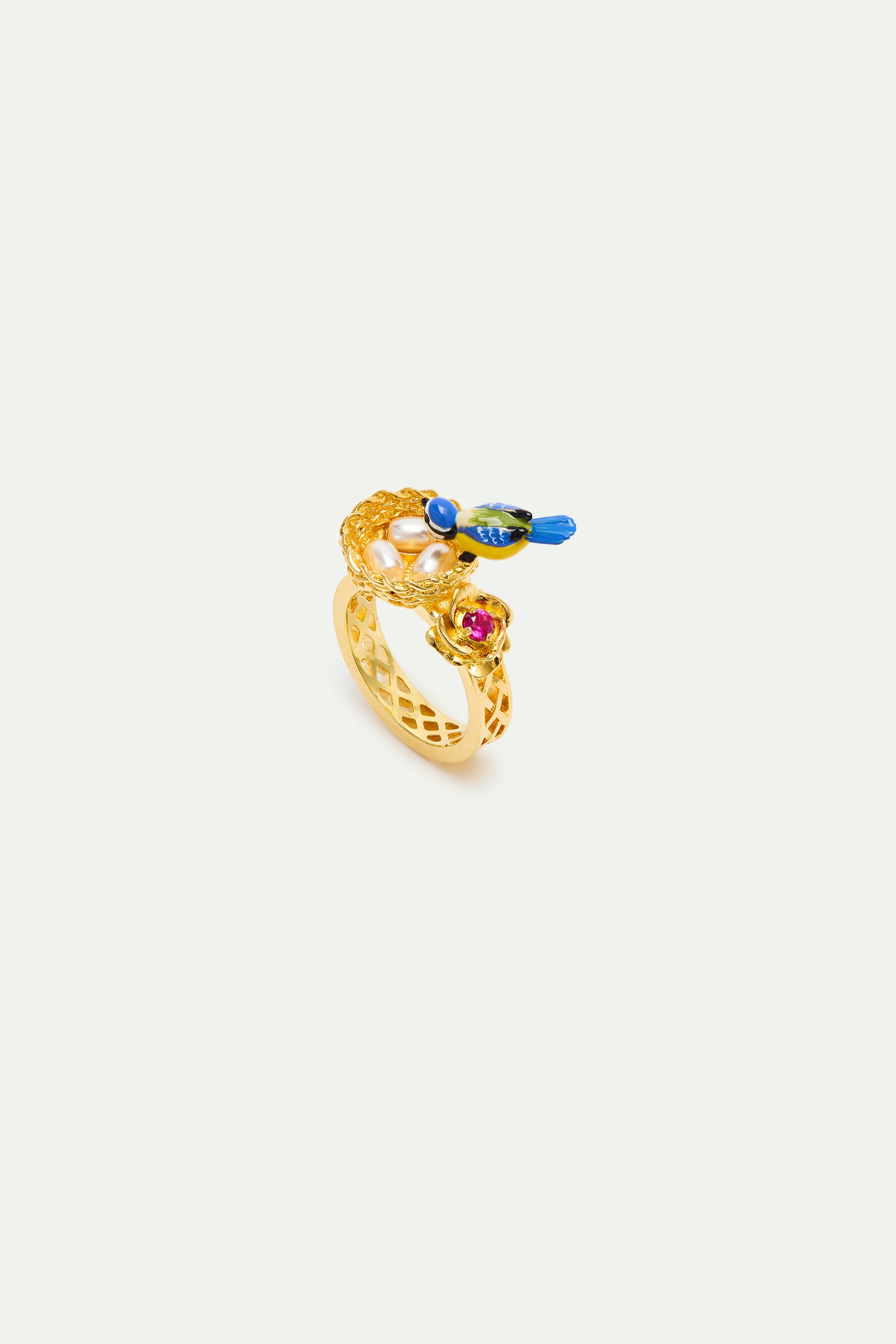 Gold nest ring with blue tit and rose