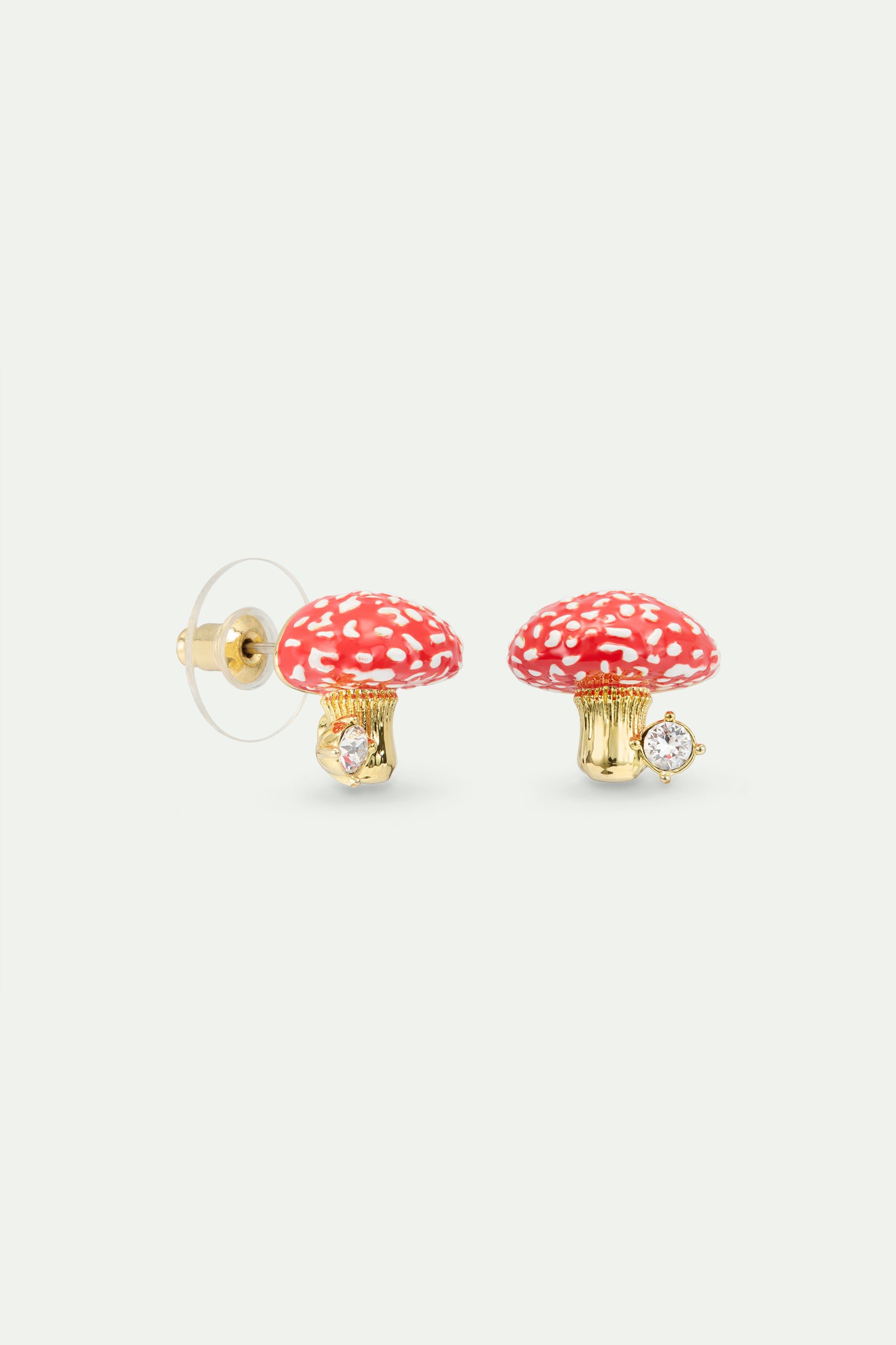 Gold and red mushroom and faceted crystal post earrings