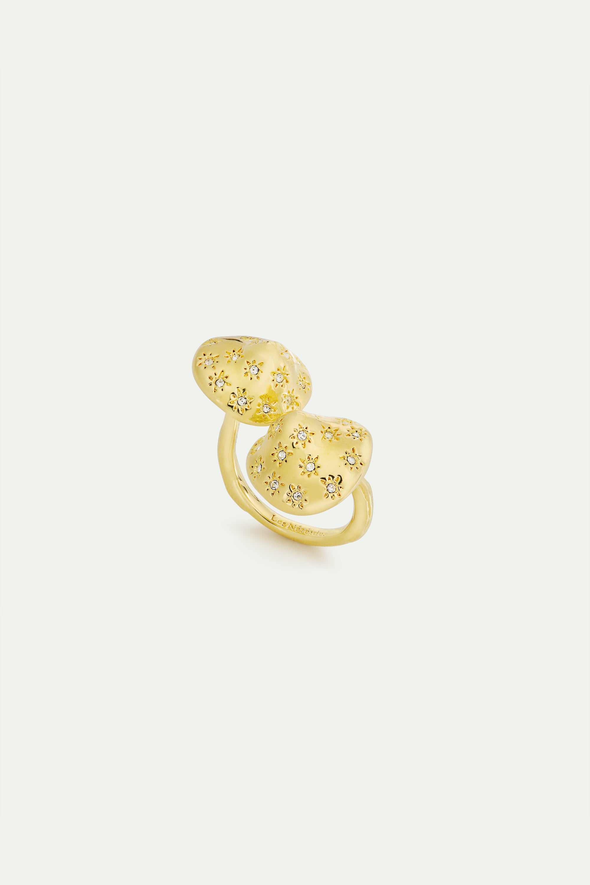 Gold mushroom and faceted crystals adjustable ring