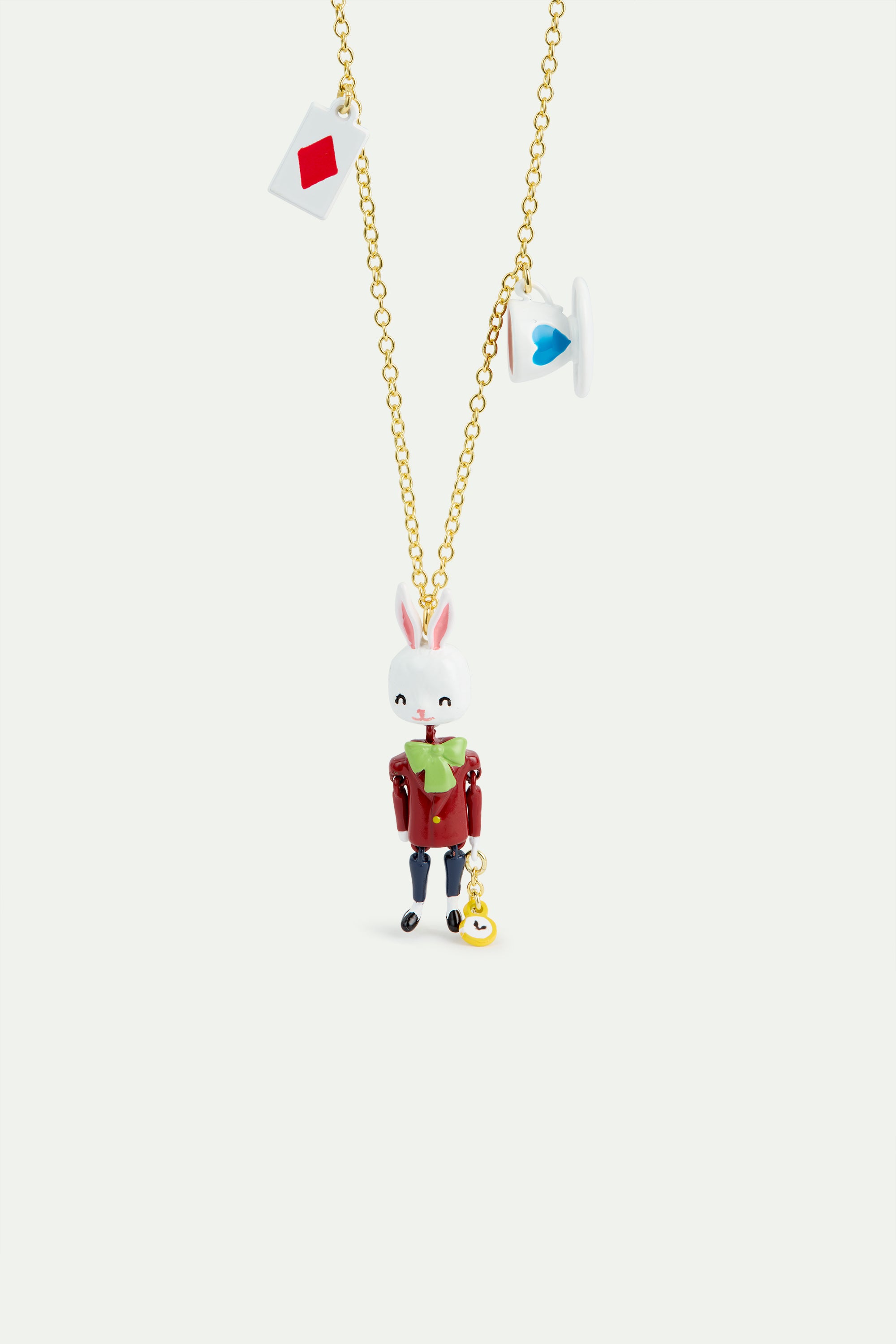 White Rabbit, tea cup and card pendant necklace