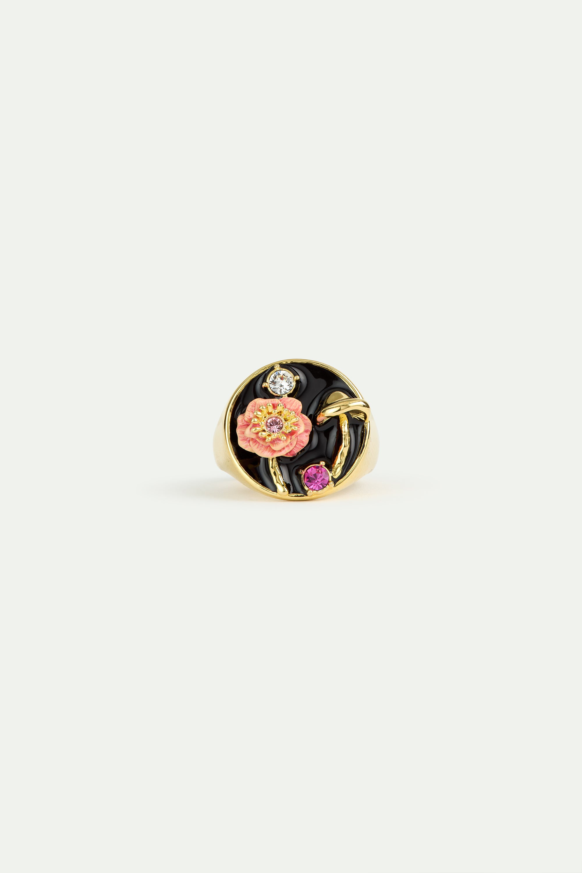 Black signet ring with mushroom, anemone and crystals