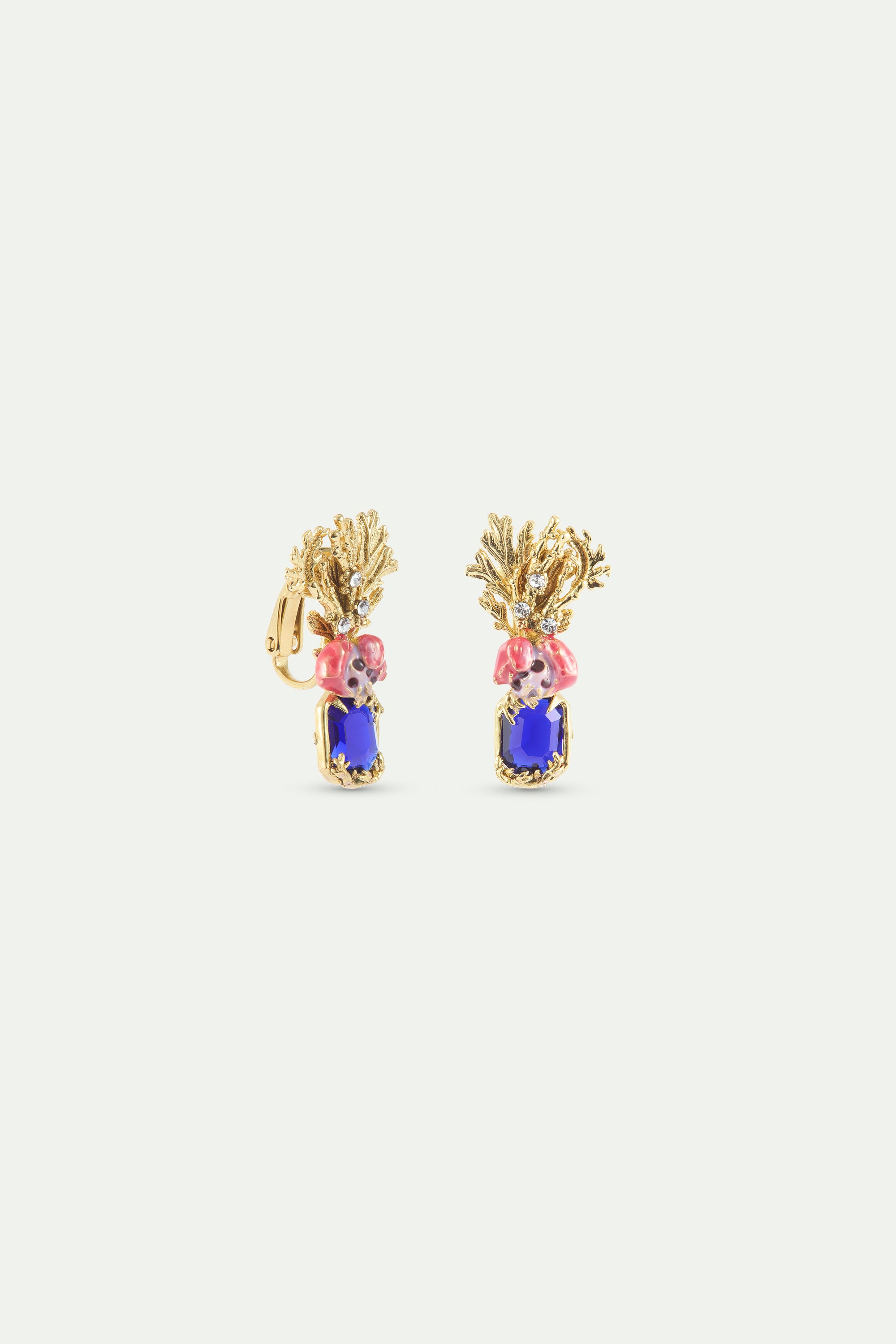 Coral earrings with blue faceted stone, pink flower and golden coral