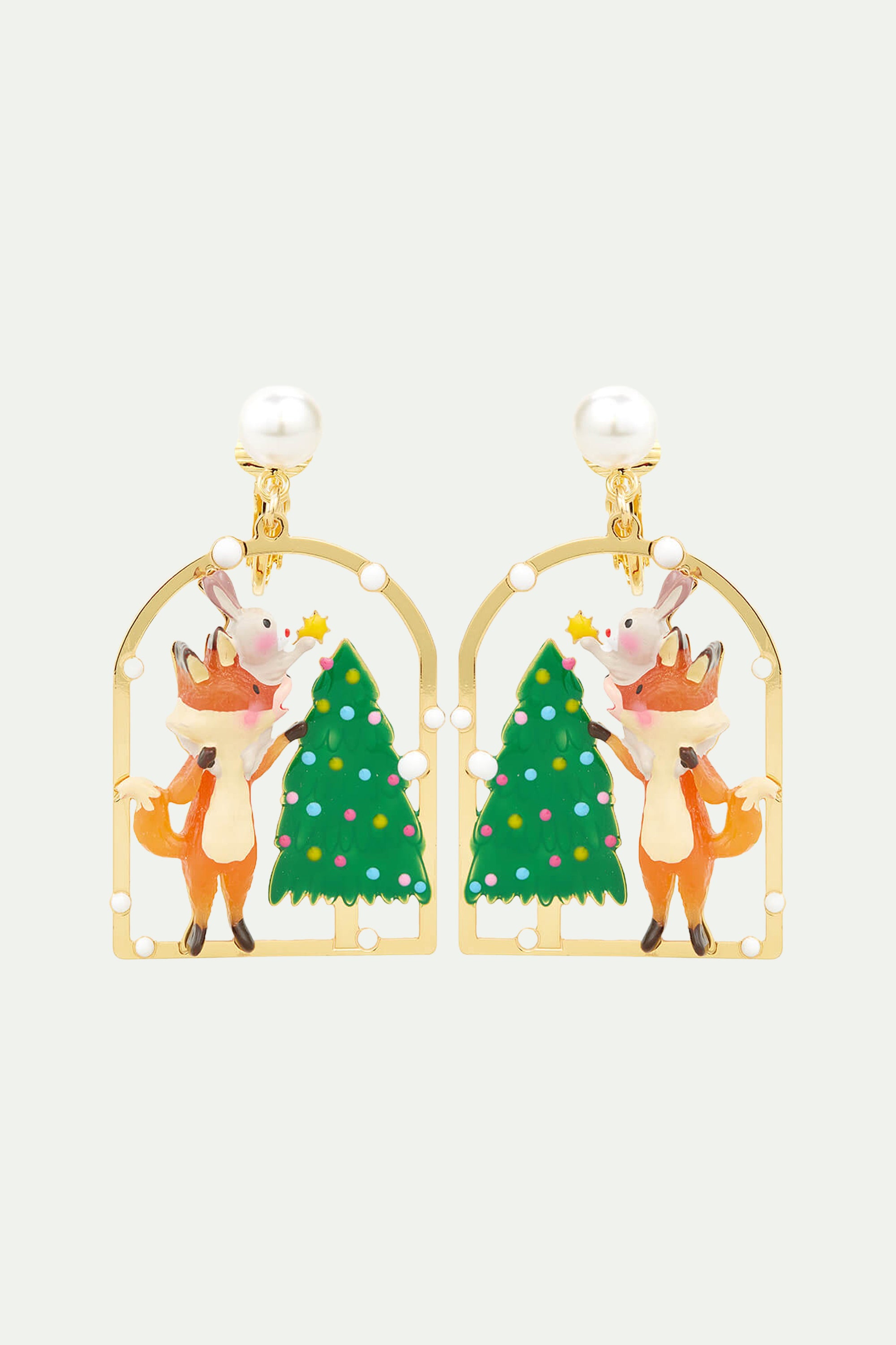 Christmas tree, rabbit and fox clip-on earrings