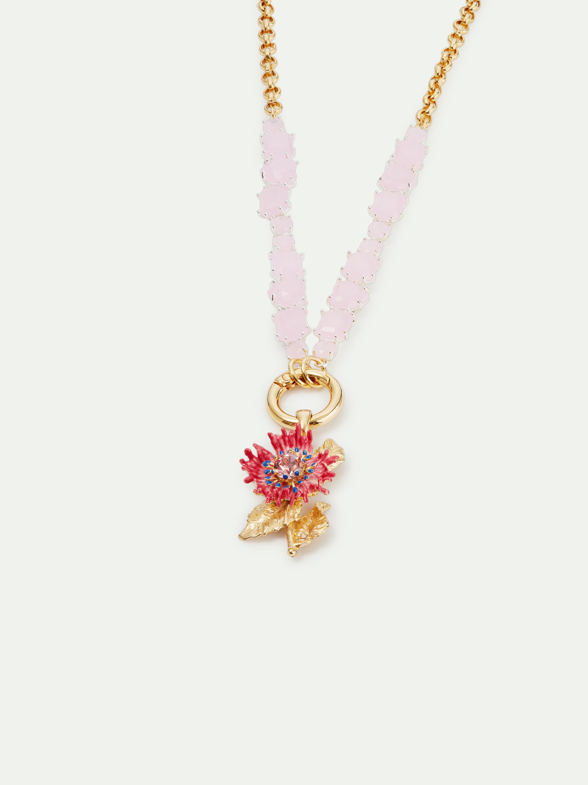 Pink faceted stones and colourful flower choker necklace