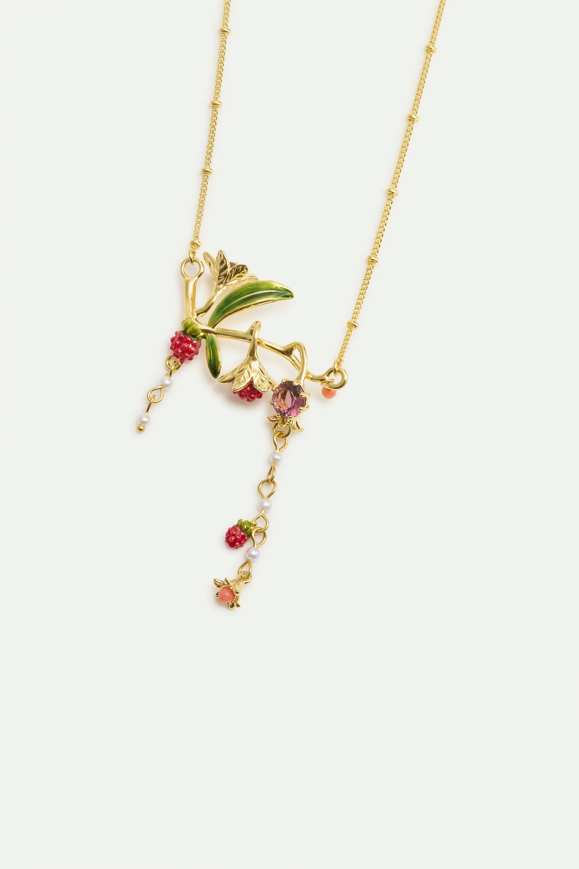 Collar pechera flores, frambuesas, piedras rosas y perlas