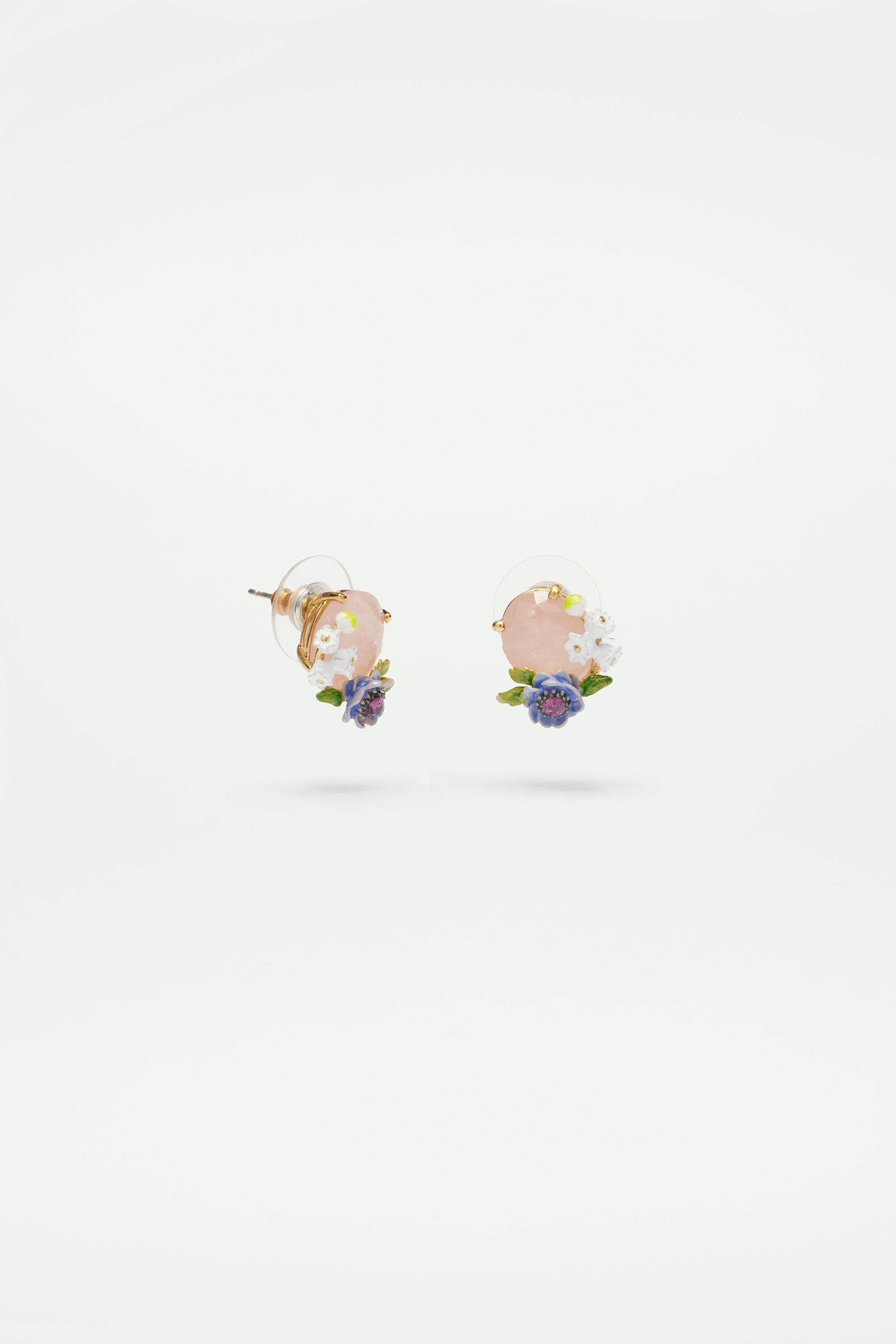 Rose quartz and floral composition clip-on earrings