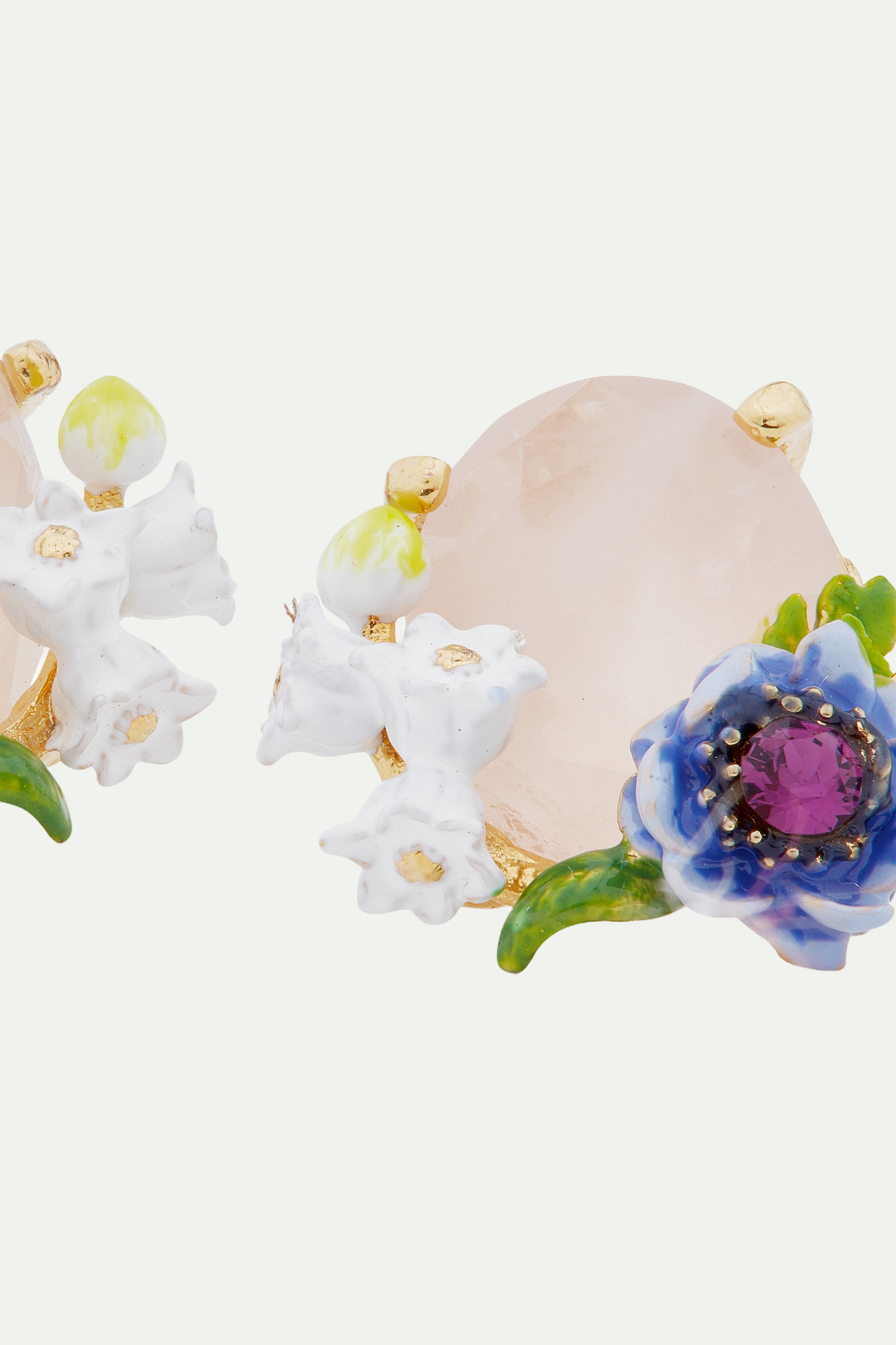 Rose quartz and floral composition clip-on earrings