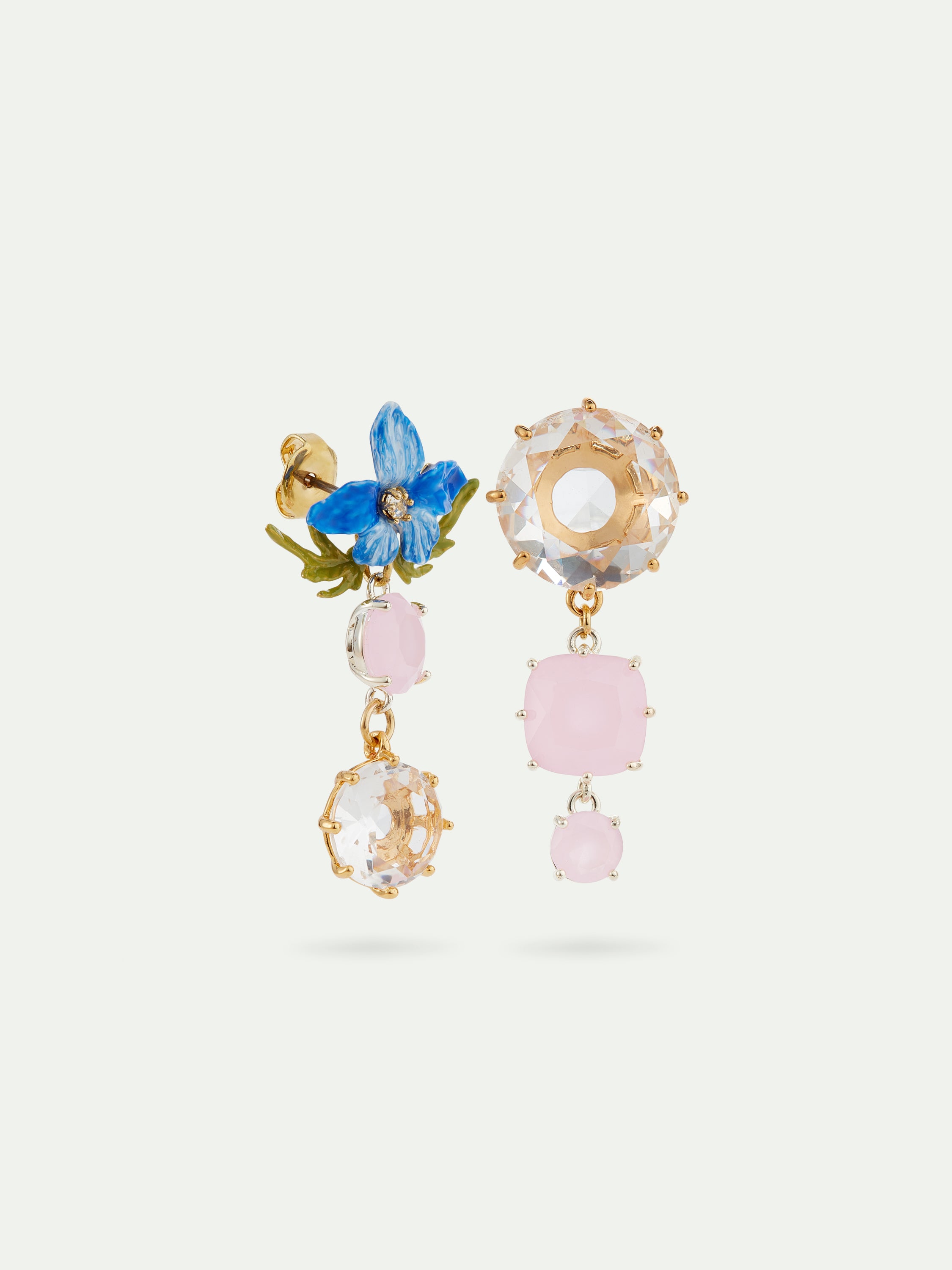 Asymmetrical pansy, pink stone and crystal post earrings