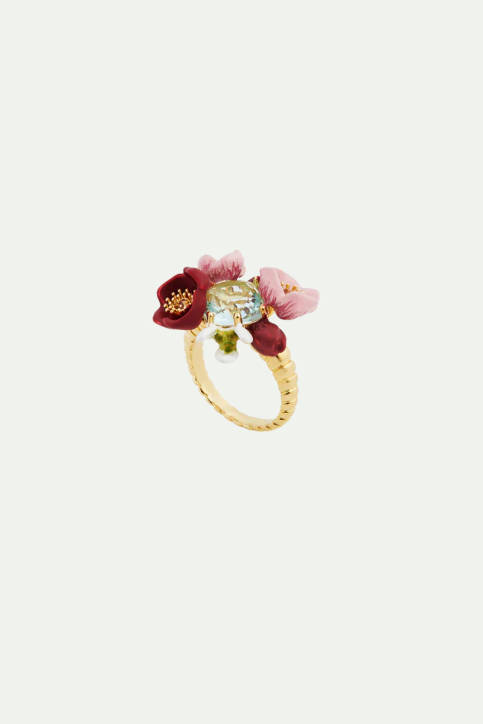 Hellebore flower bouquet and faceted stone cocktail ring