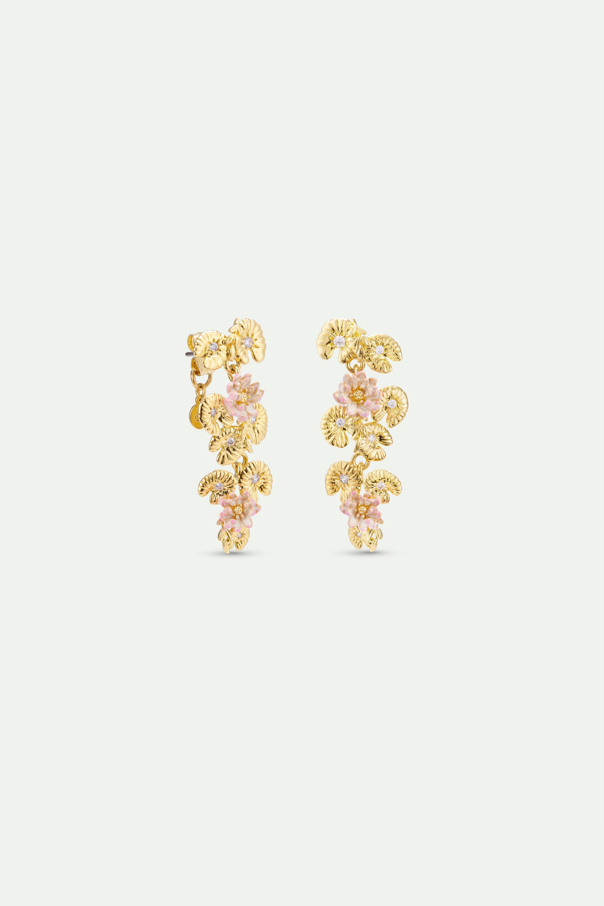 Gold lotus and pink water lily dangle earrings