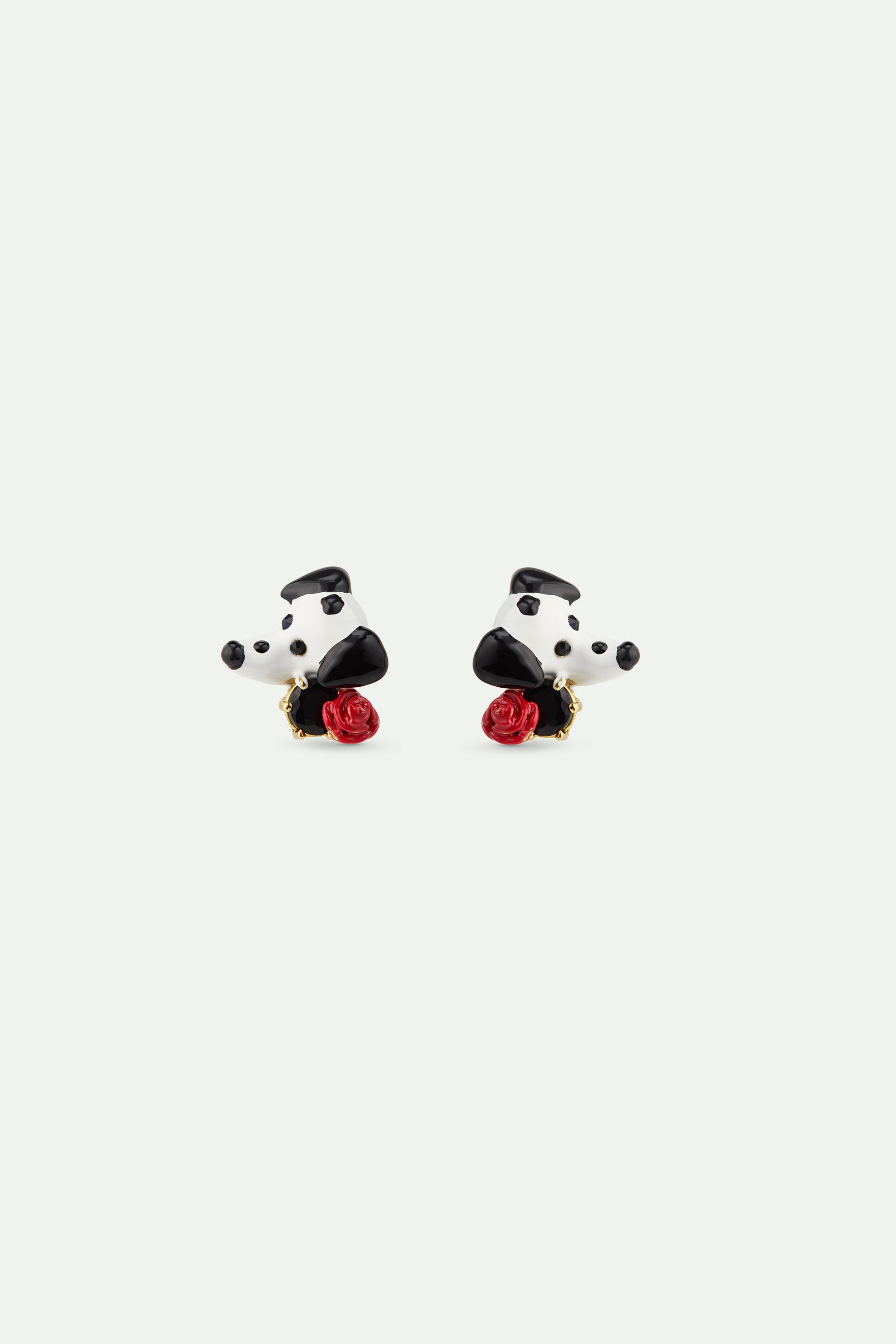 Dalmatian earrings with black round faceted glass stone and red rose