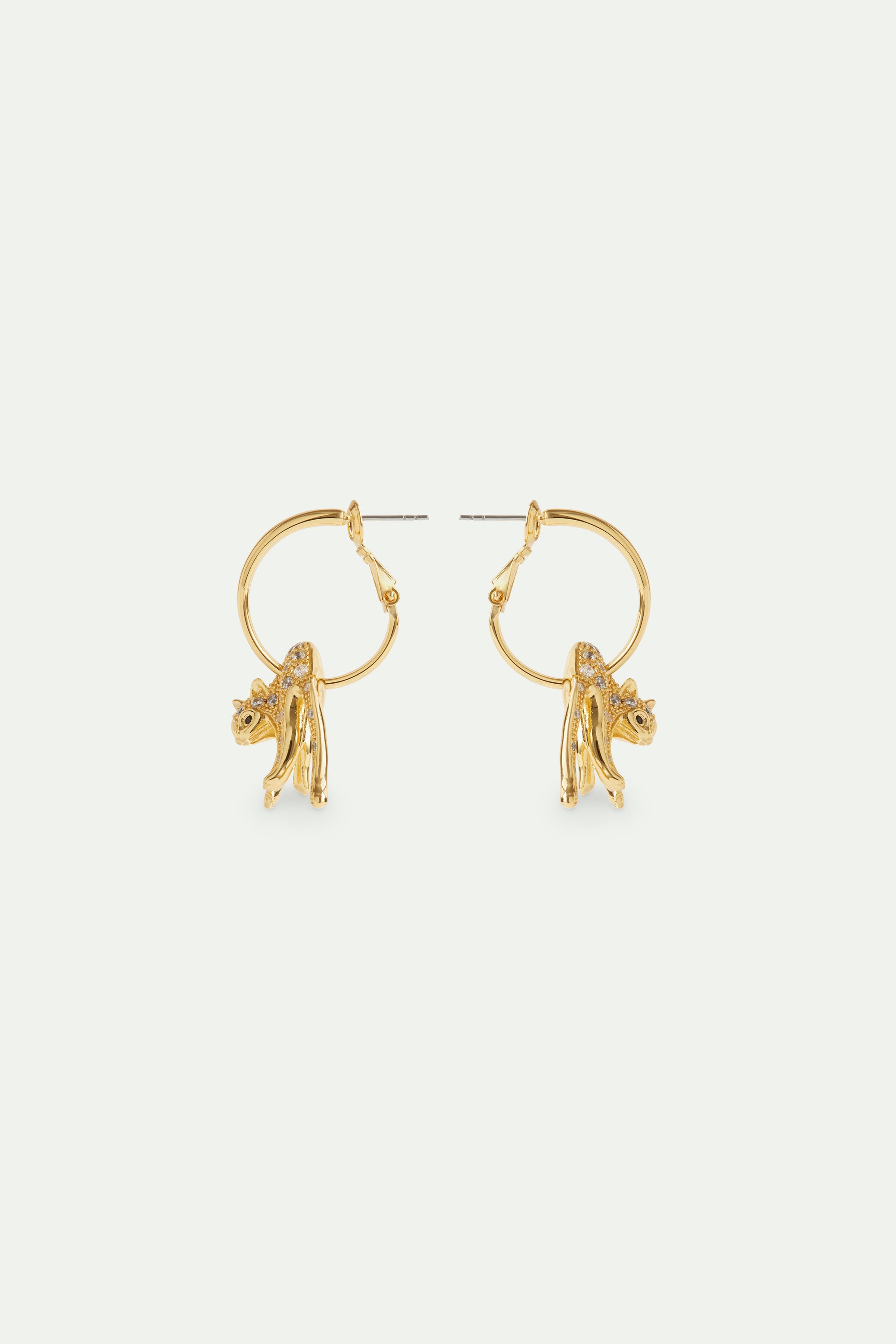 Cat and crystal golden hoop earrings