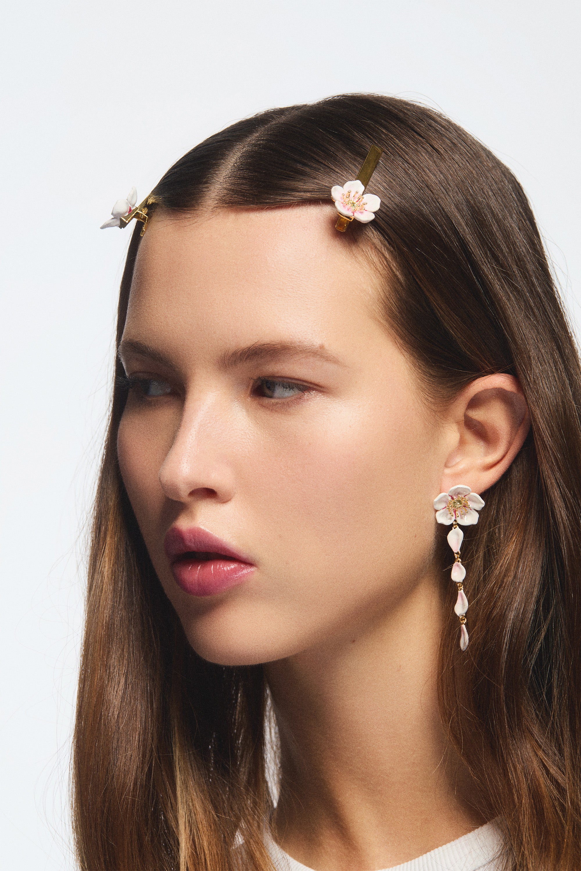 White cherry blossom dangle post earrings