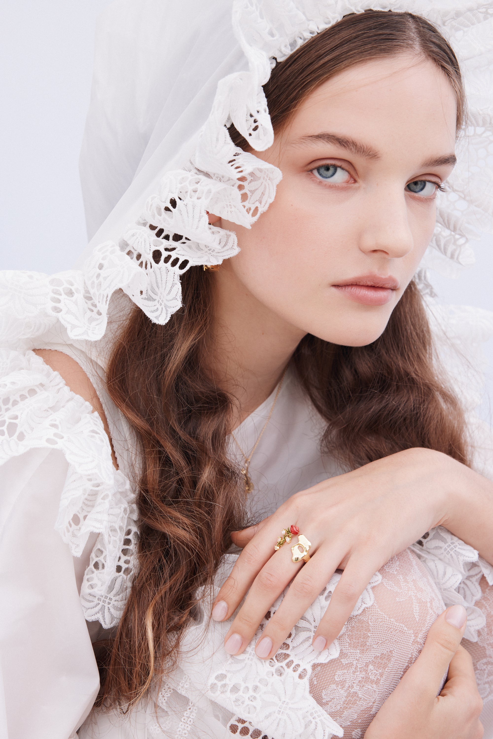 Gold mask, rose and crystal adjustable ring