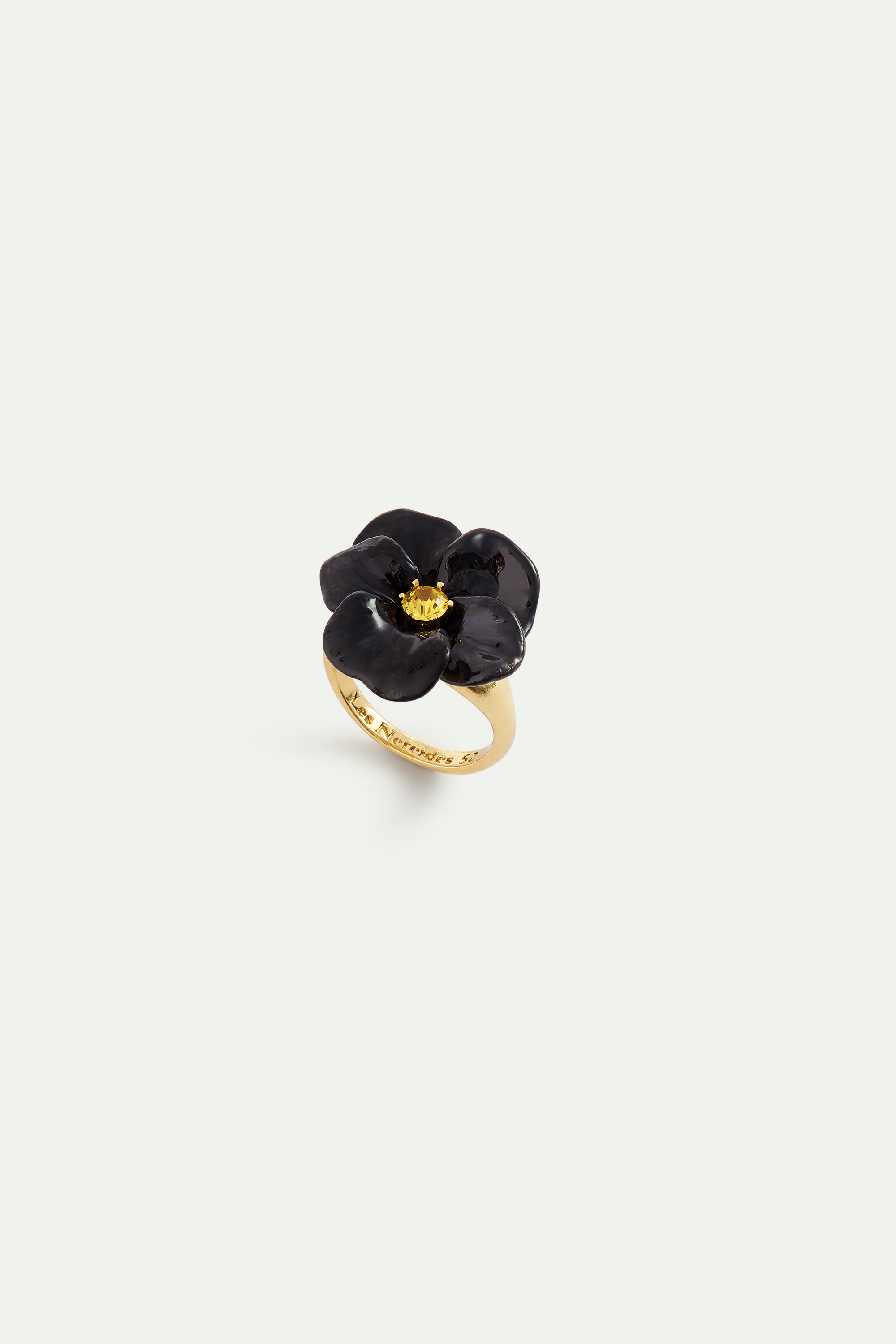 Bague cocktail pensée noire et cristal taillé