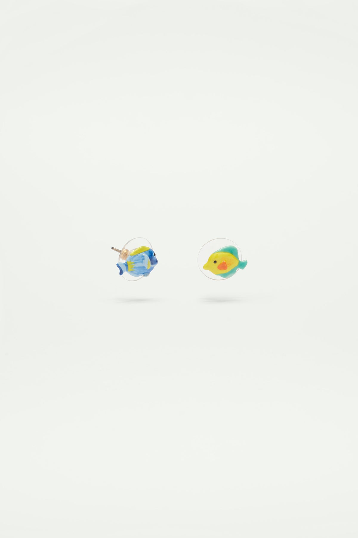 Asymmetrical blue fish and yellow fish post earrings