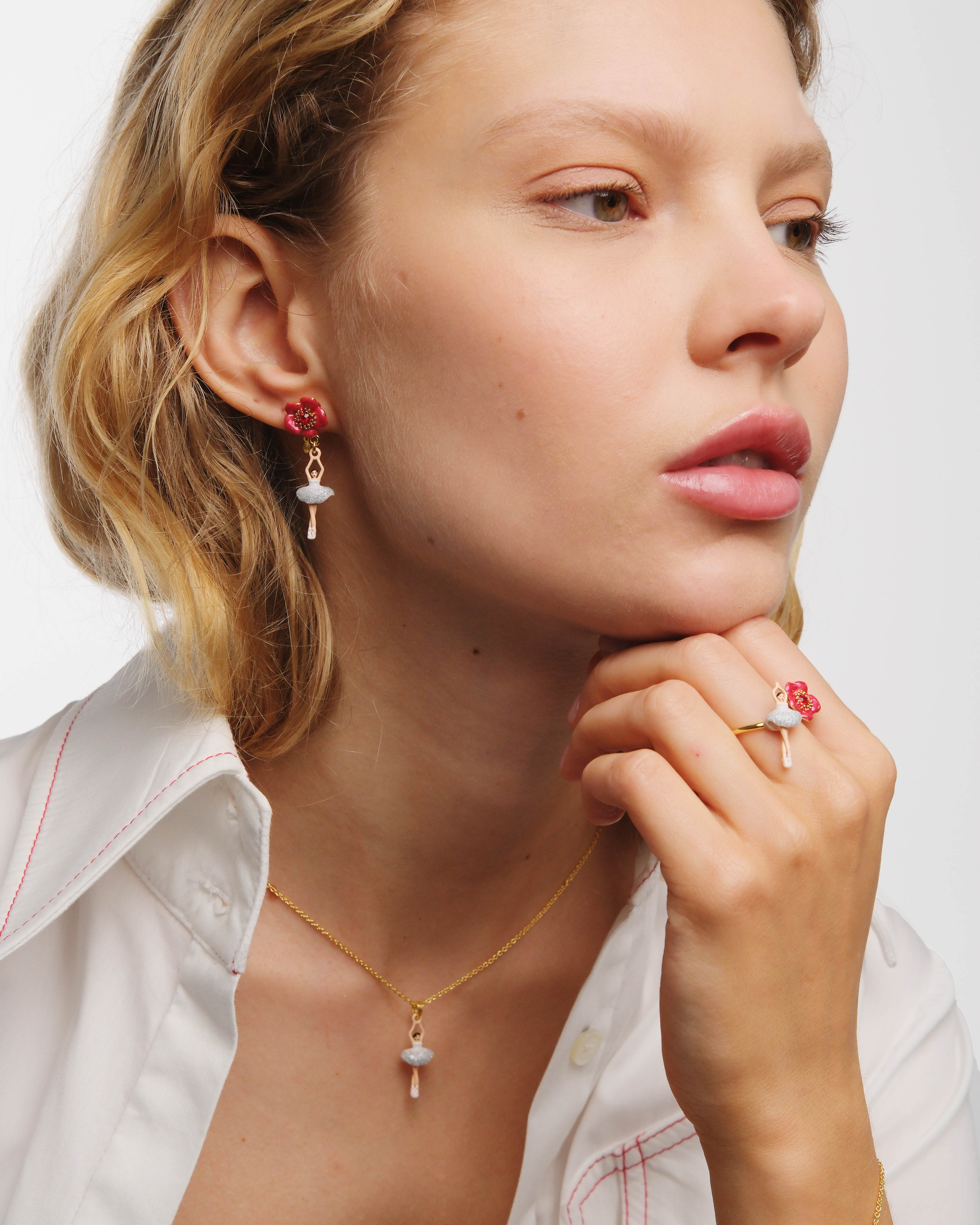 Ballerina and red flower clip-on earrings