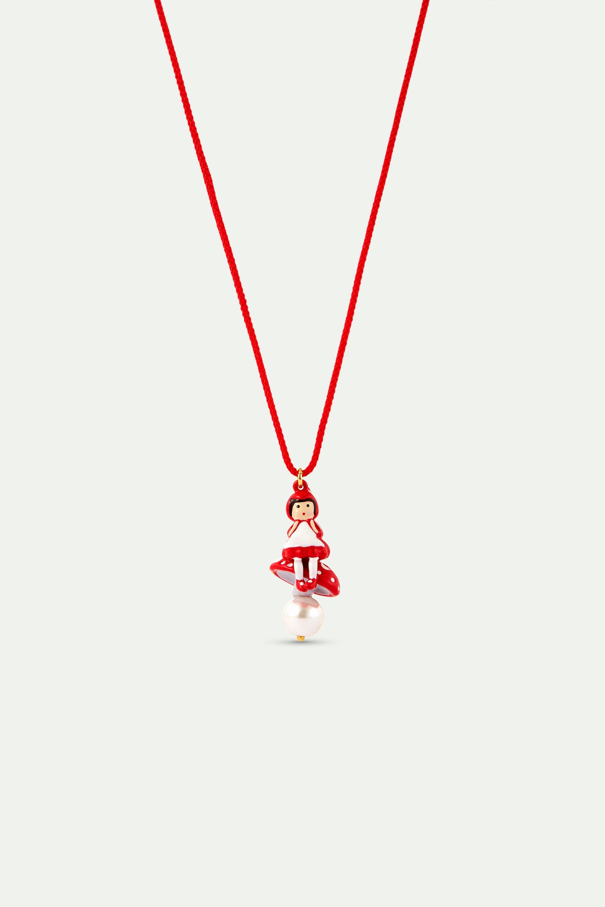 Red pendant necklace with Little Red Riding Hood, mushroom and imitation pearl