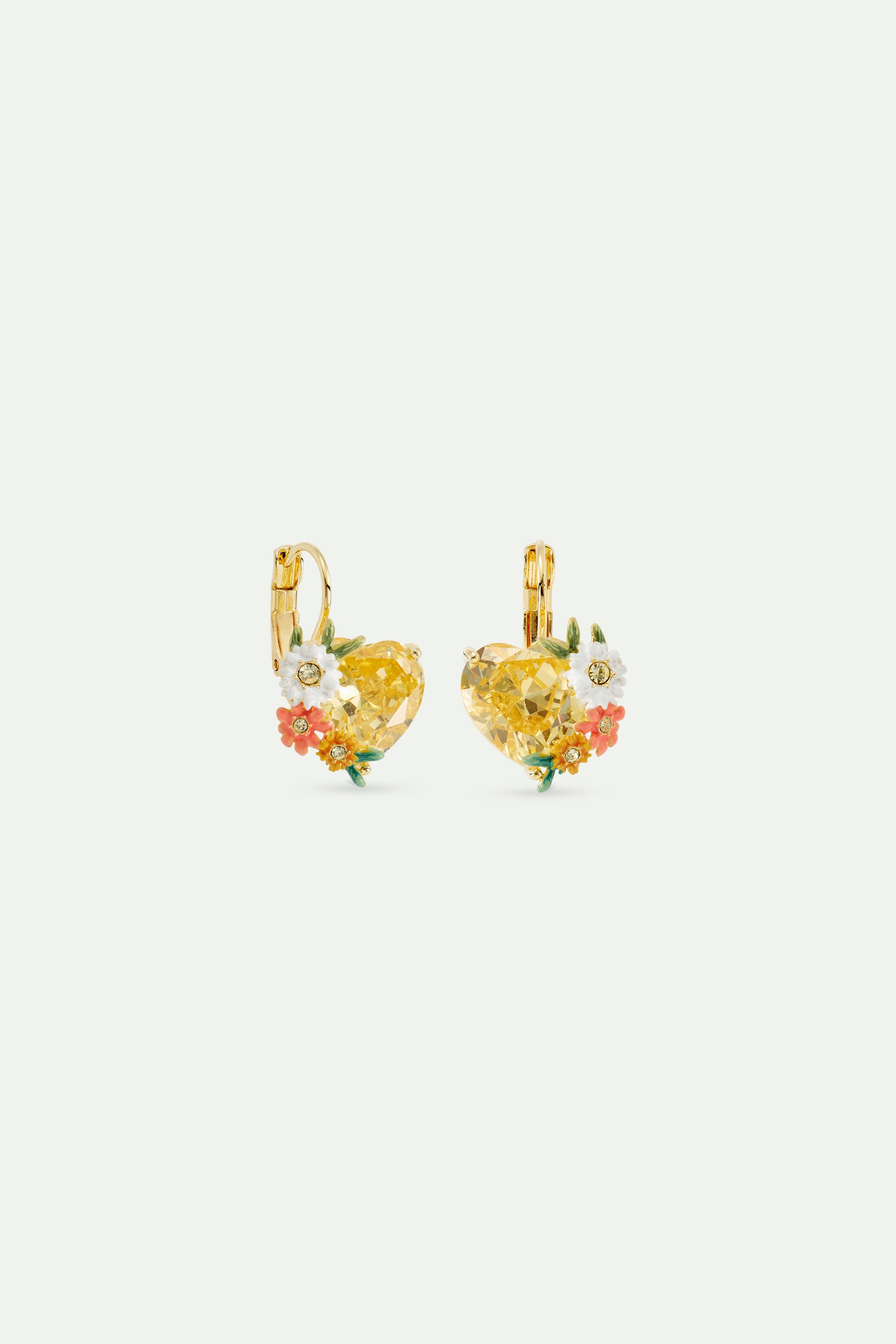 Pendientes dormilonas corazón amarillo, flores de zinnias y margaritas