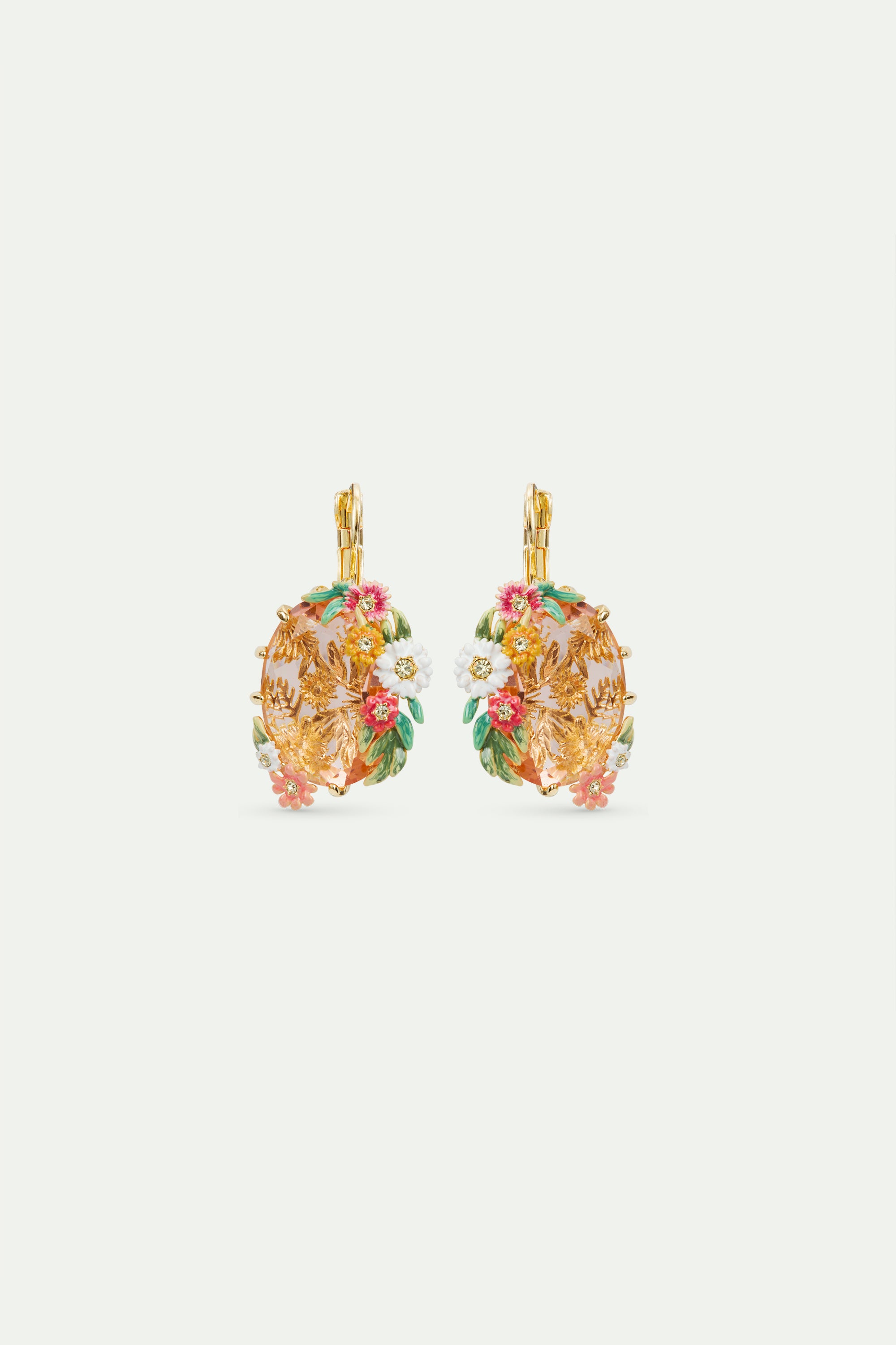 Pendientes dormilonas piedra facetada rosa ovalada, flores de zinnias y margaritas