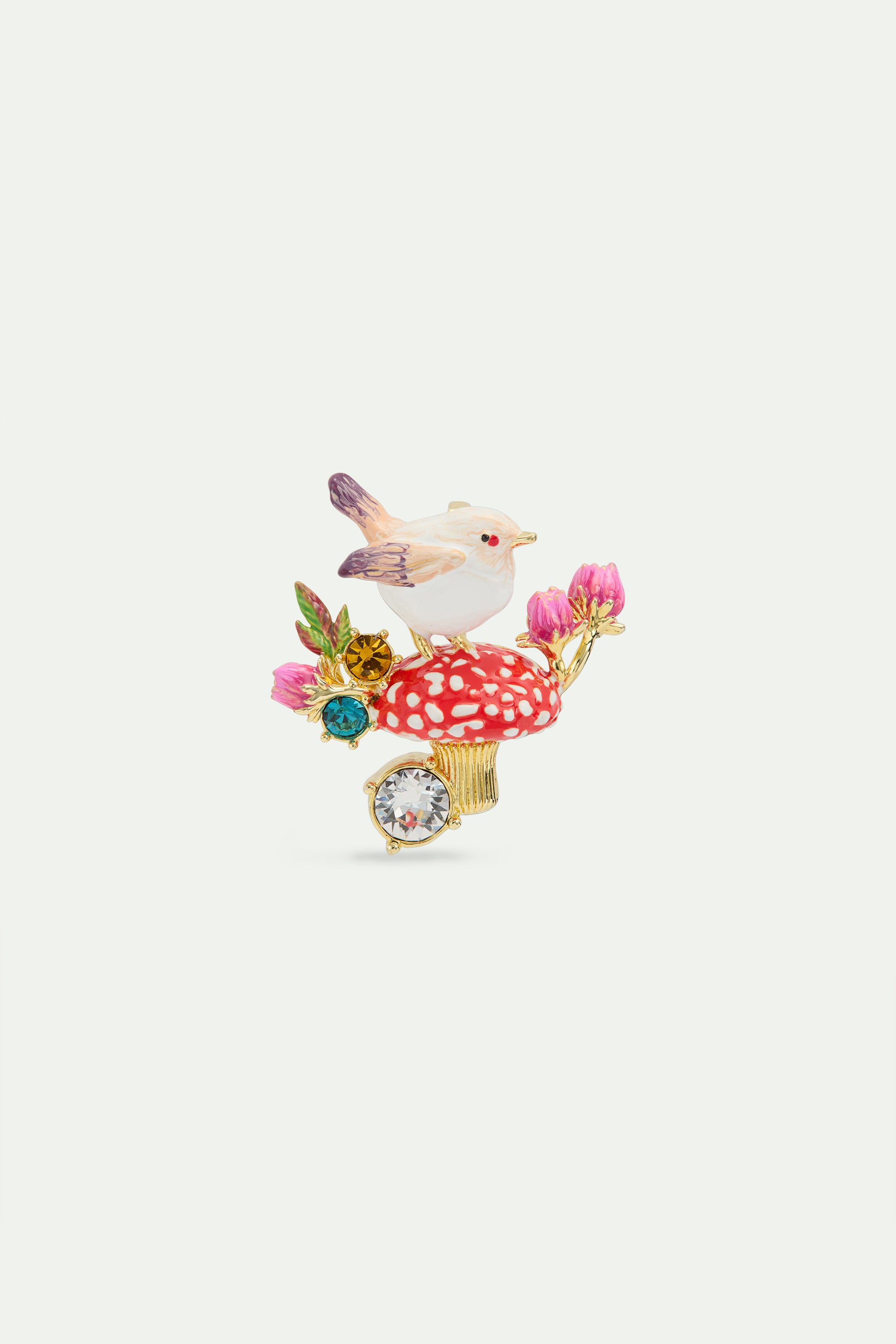 Snow bunting brooch with mushroom, rosebud and crystals