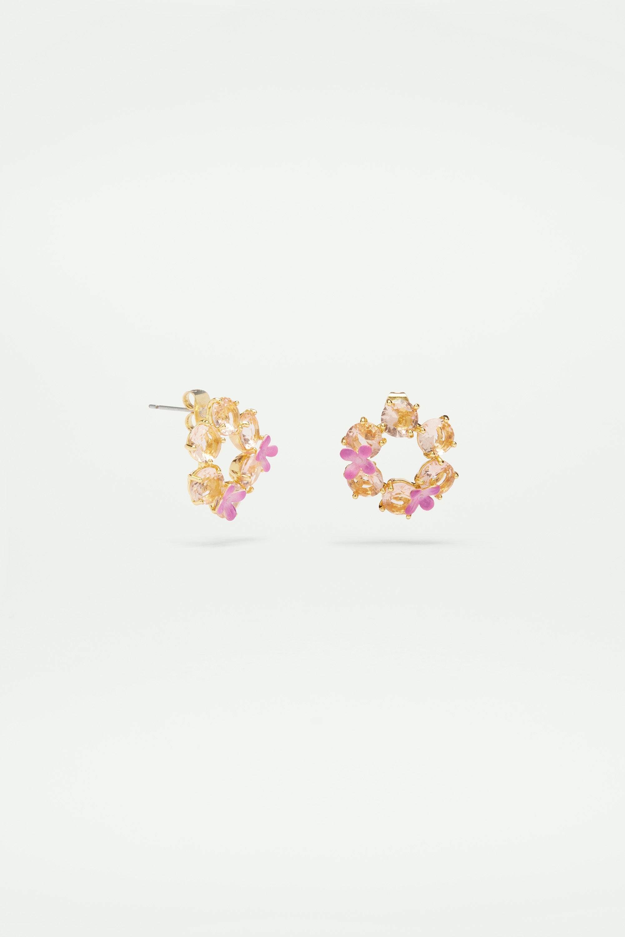 Apricot pink diamantine flower and 6 round stone earrings