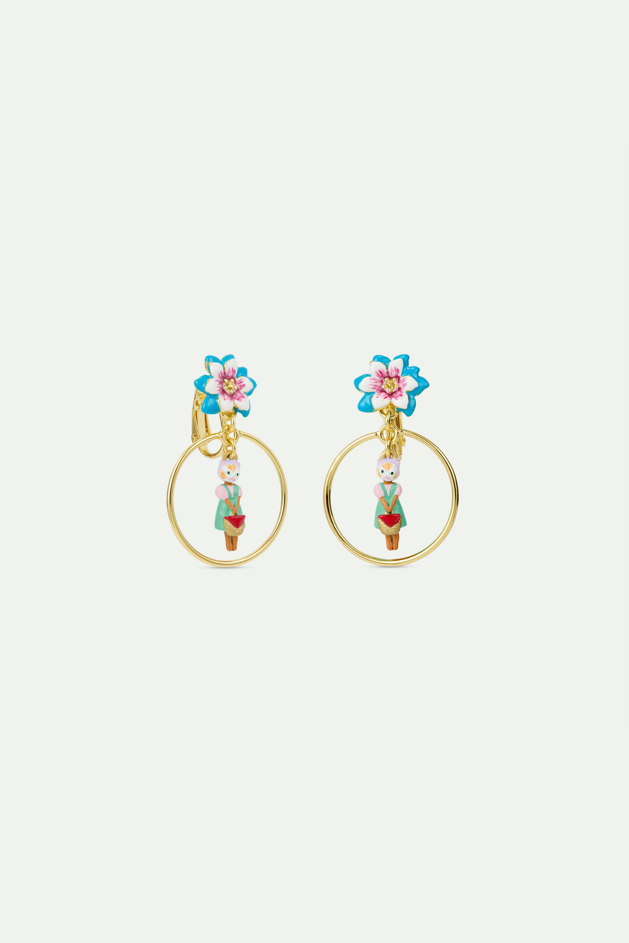 Ginger cat and blue flower dangle hoop earrings