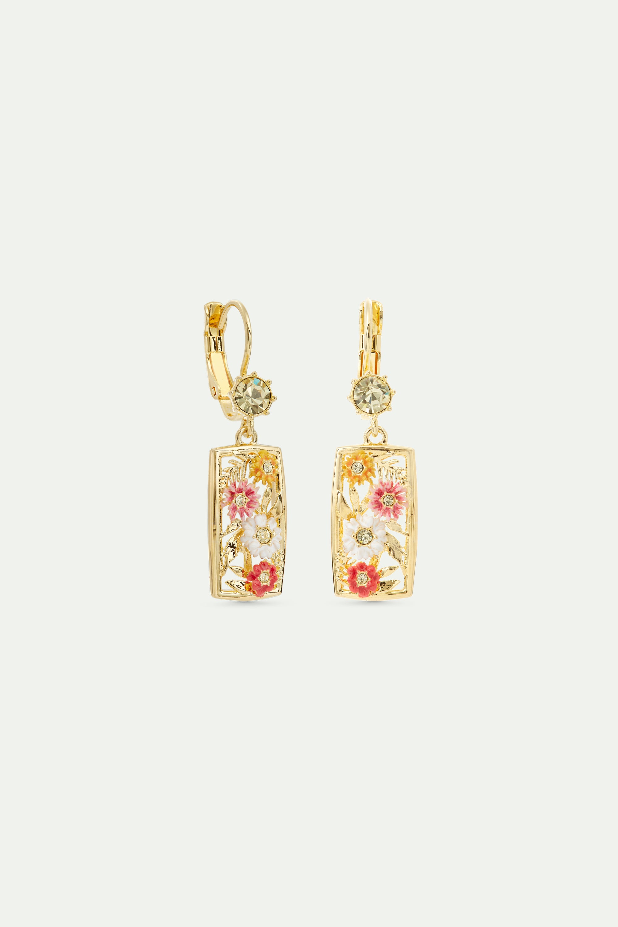 Pendientes dormilonas calados dorados con zinnias y cristal amarillo facetado