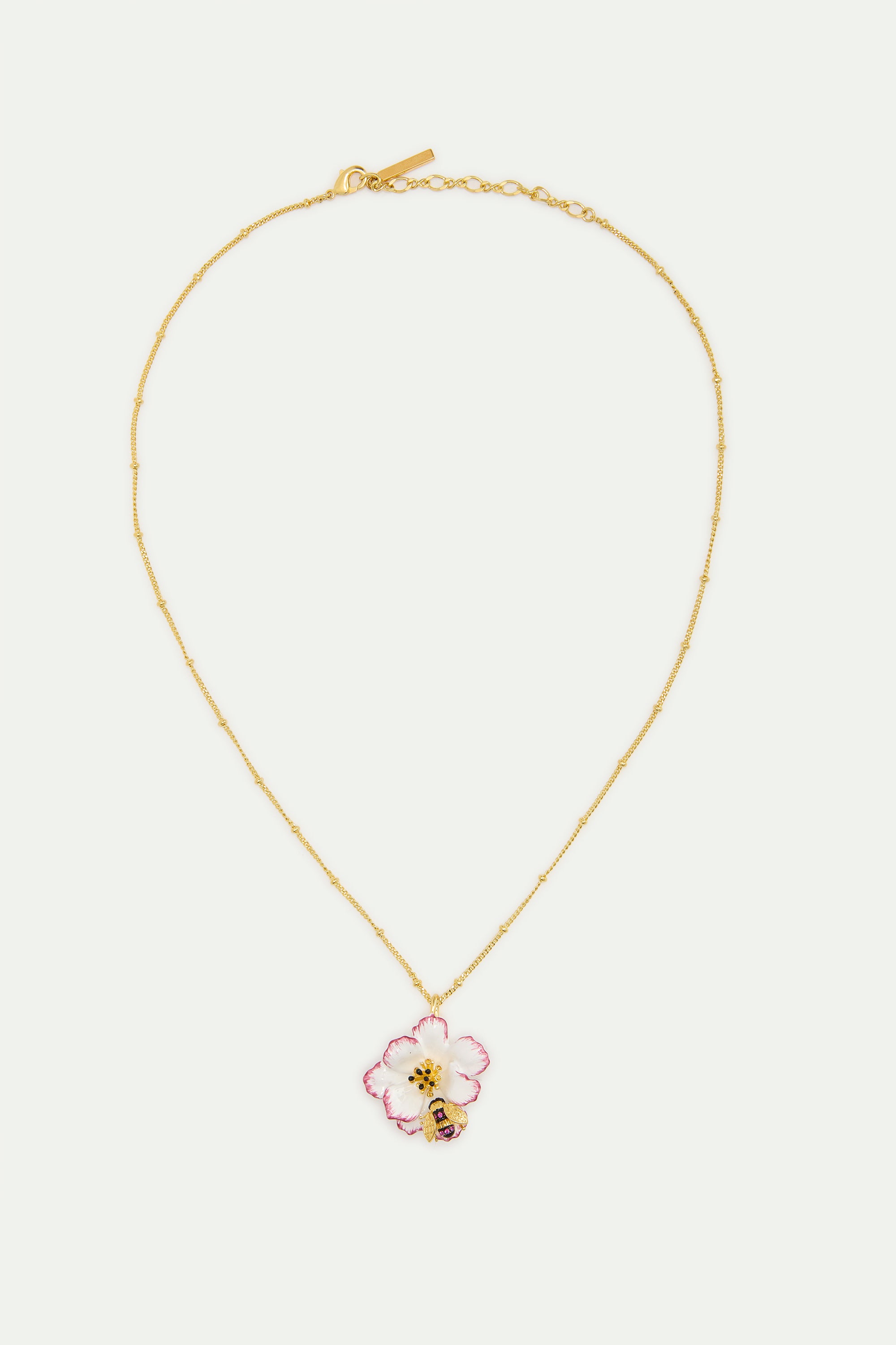 Pendant necklace with white and pink cosmos flower and gold bee