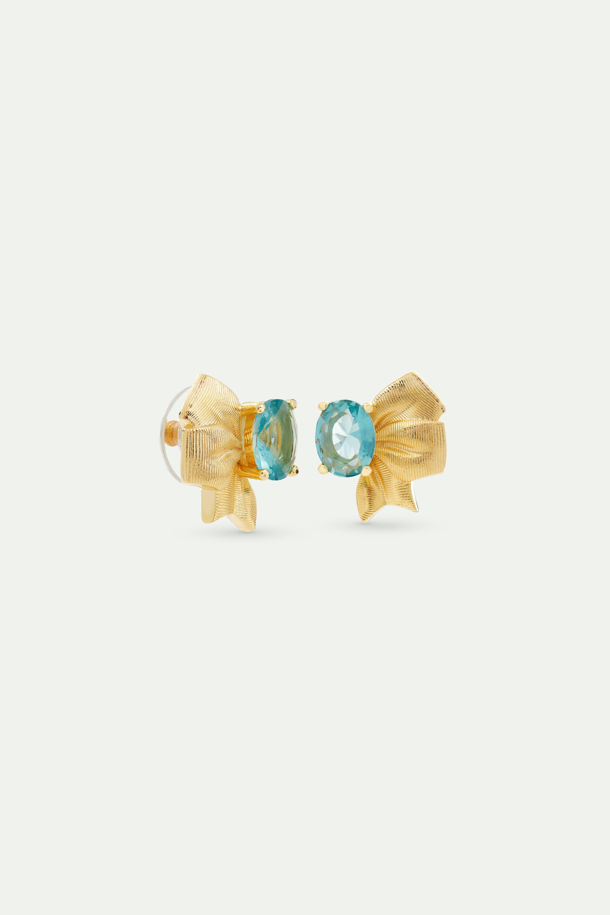 Gold ribbon and blue cut stone earrings