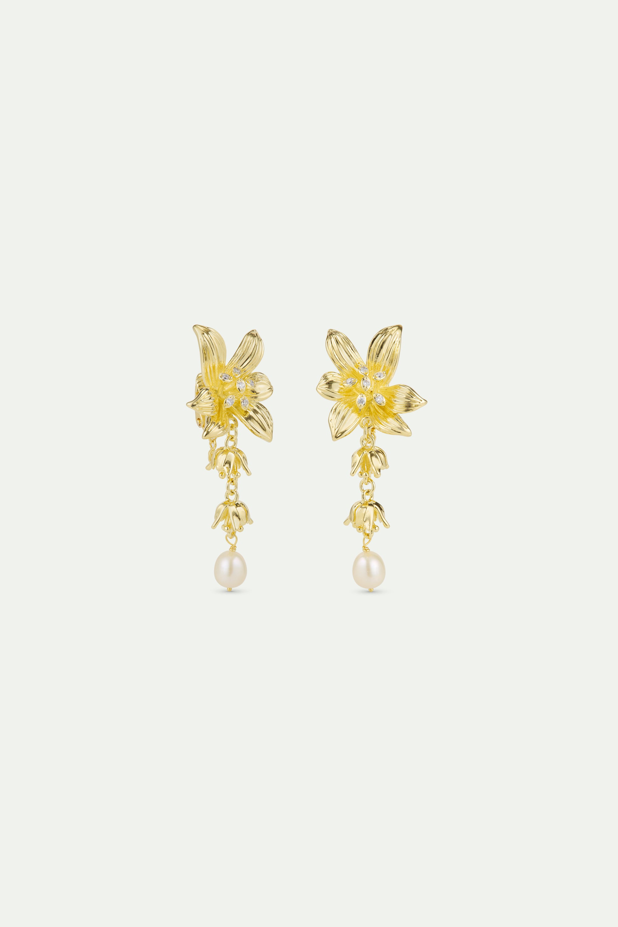 Lily flower and cultured pearl golden dangle earrings