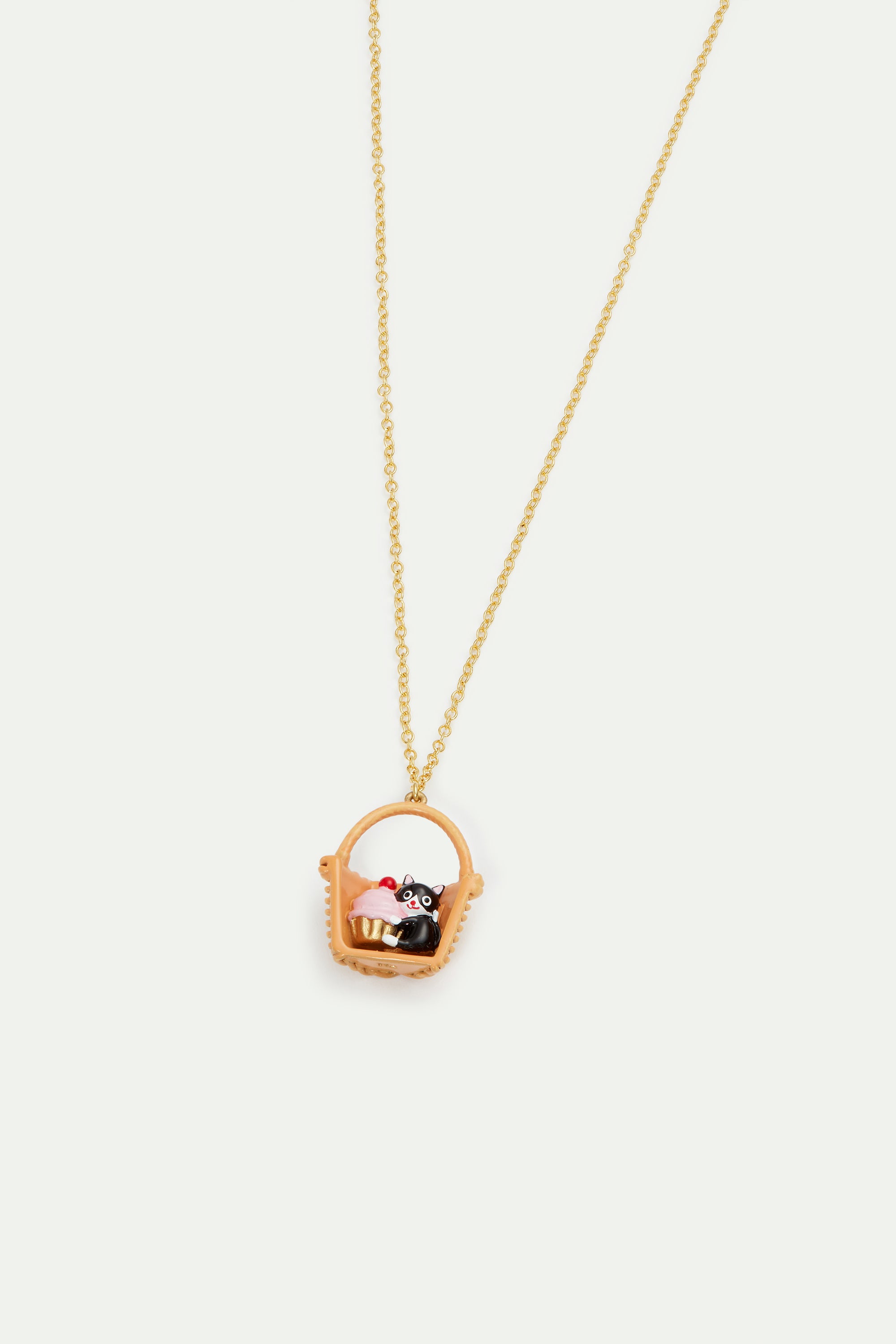 Basket, black cat and pastry pendant necklace