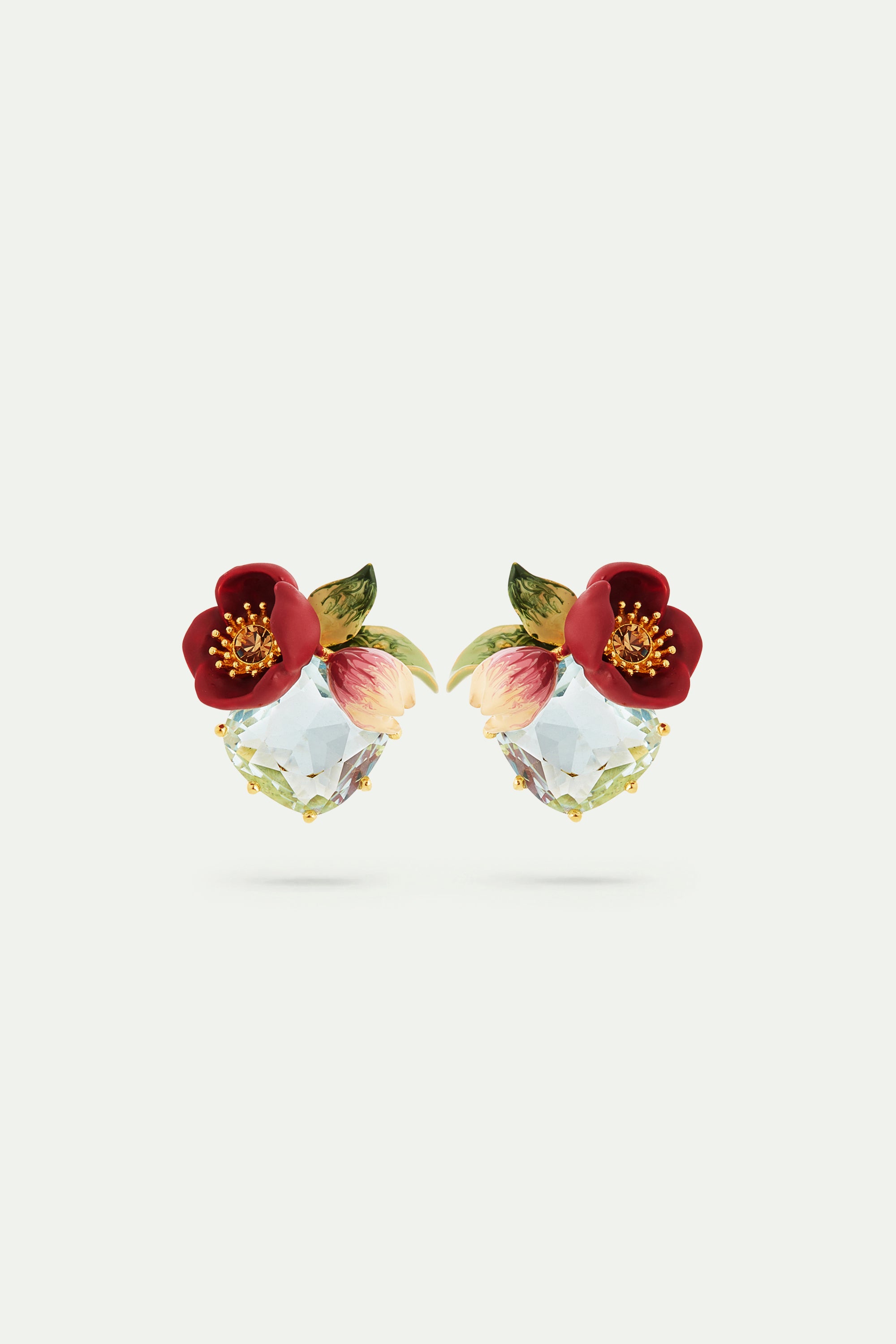 Red hellebore flower and faceted stone earrings