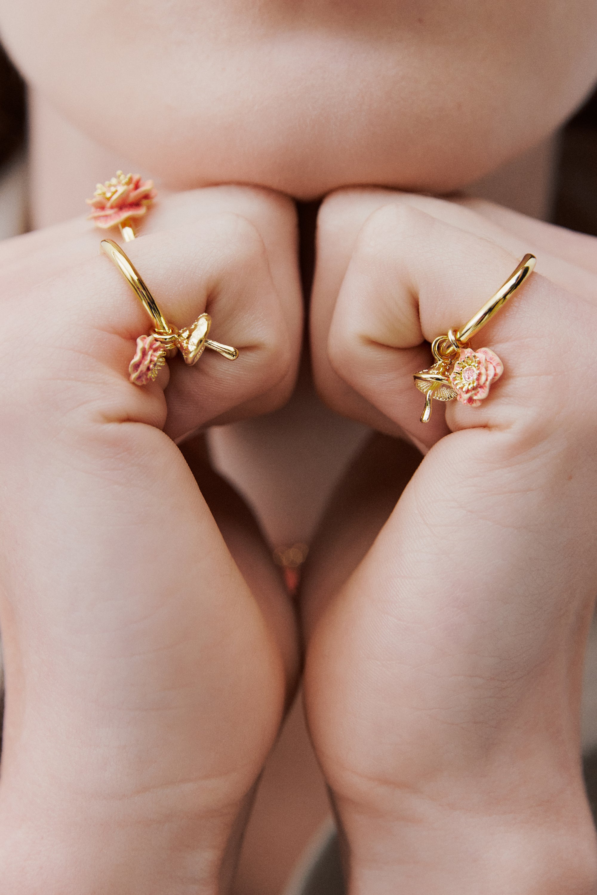 Charm ring with pink anemone and gold mushroom