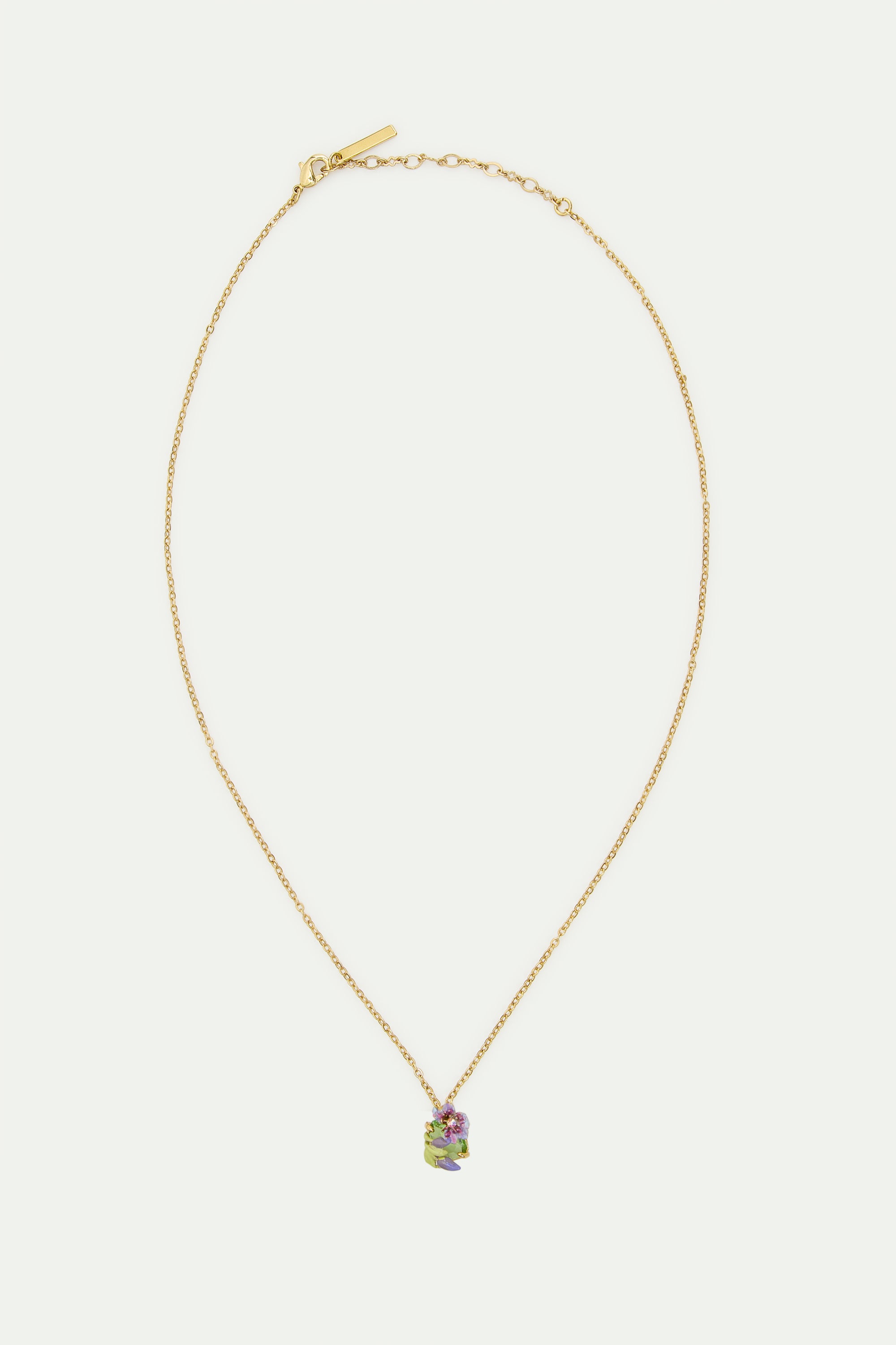 Purple clematis, green emerald-cut crystal and purple wisteria pendant necklace