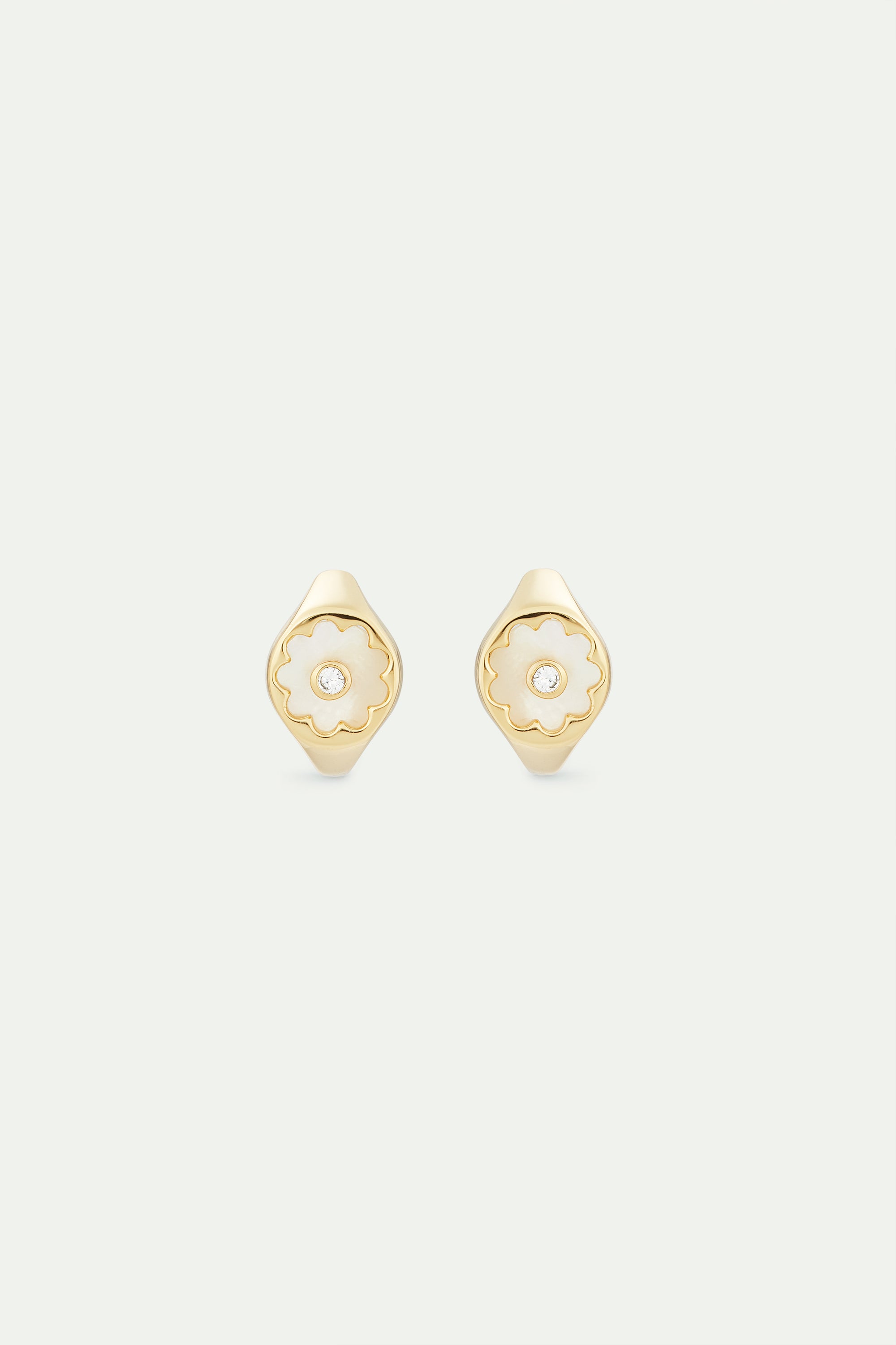 Golden post earrings with mother of pearl white flower