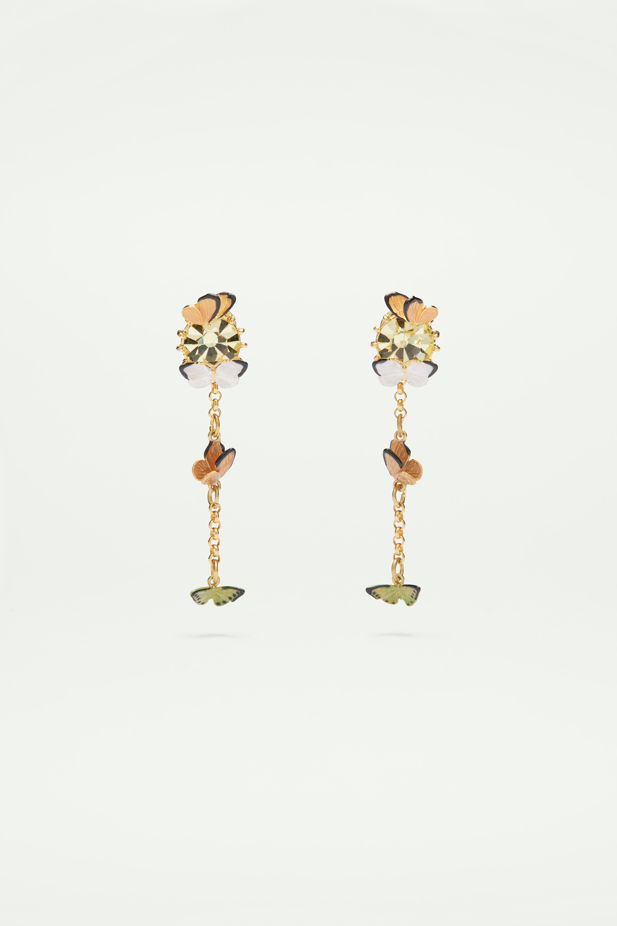 Enamelled butterfly and cut glass stone dangling post earrings