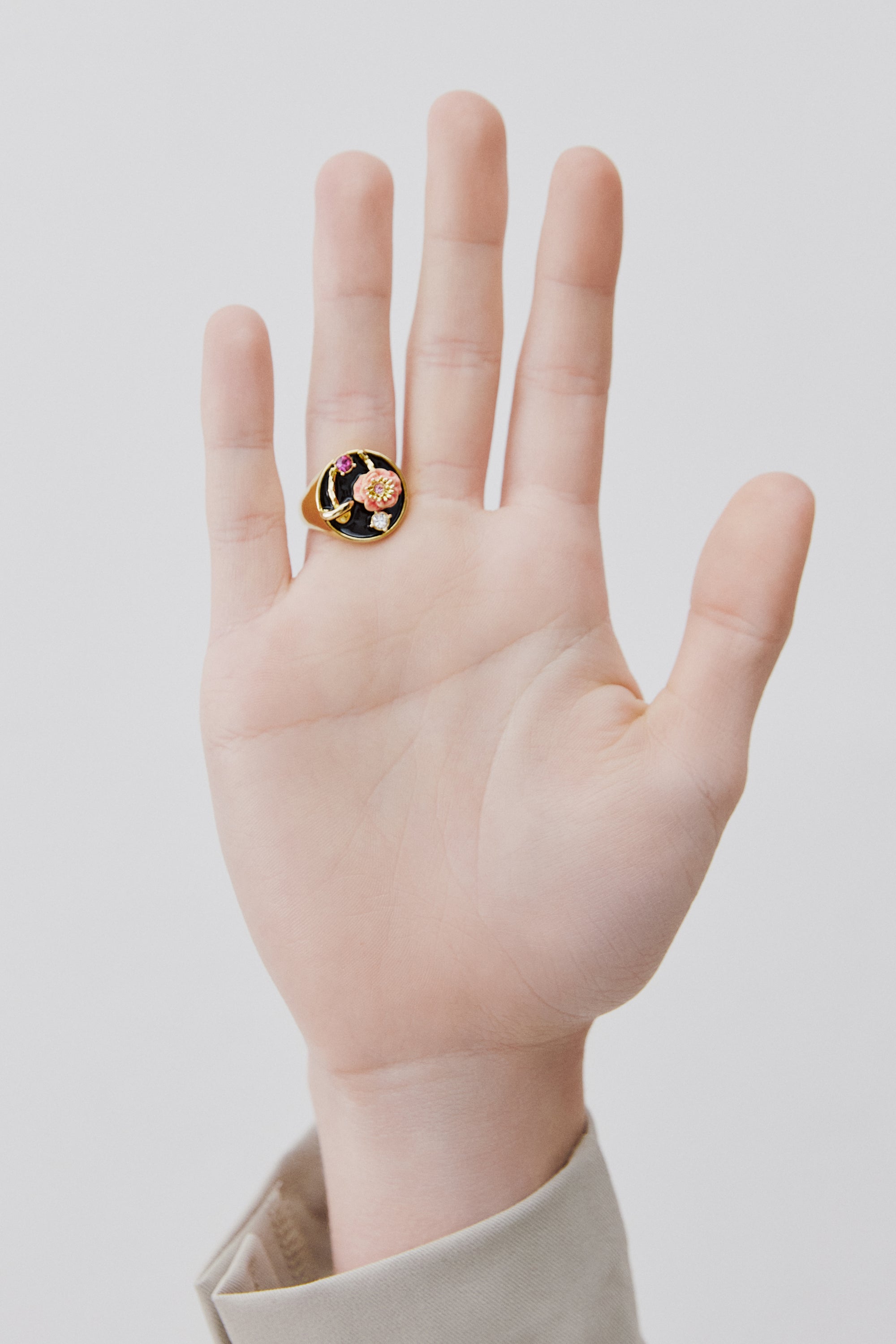 Black signet ring with mushroom, anemone and crystals