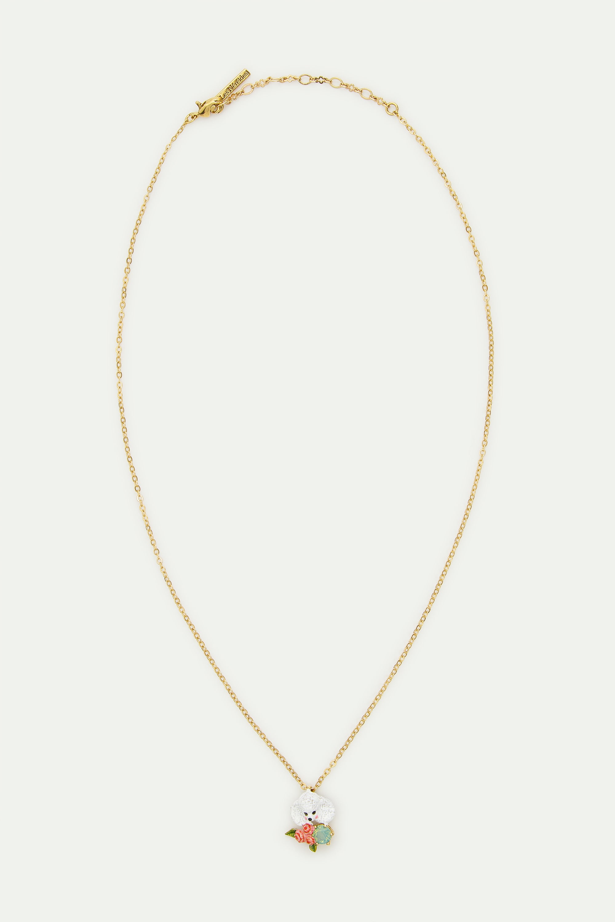 Poodle pendant necklace with pink roses and a blue stone