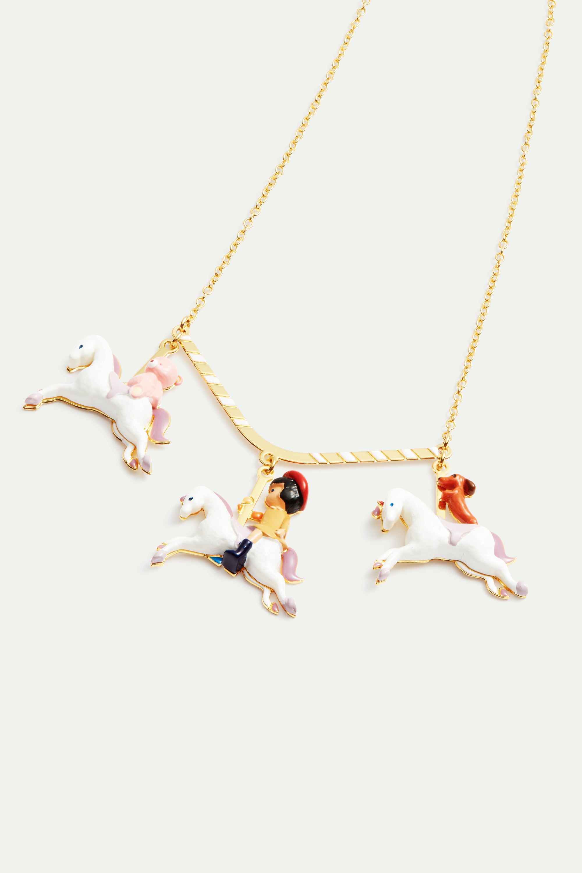 Little girl, dachshund and teddy bear on a carousel statement necklace